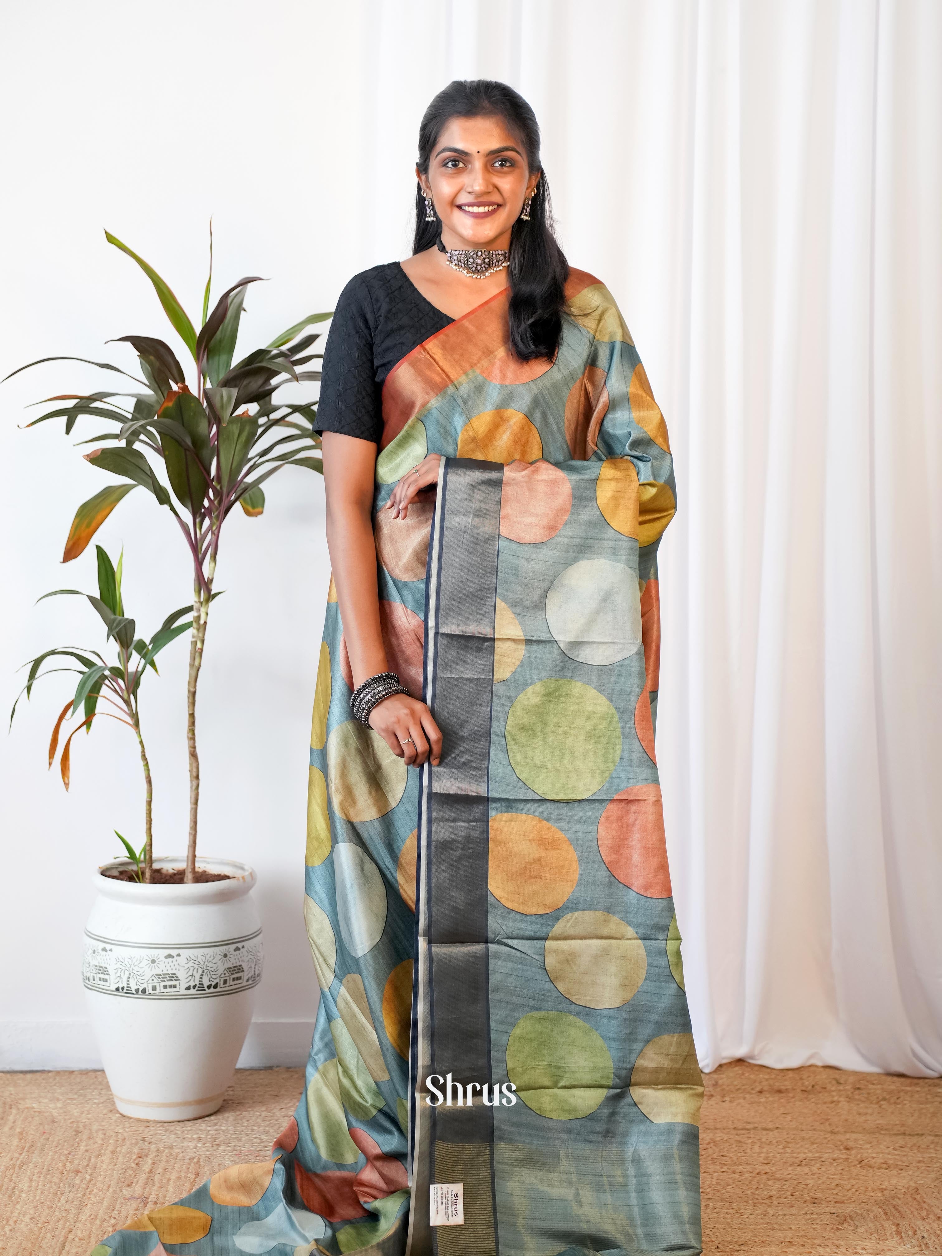 Grey - Printed Tussar Saree - Shop on Shrus.com