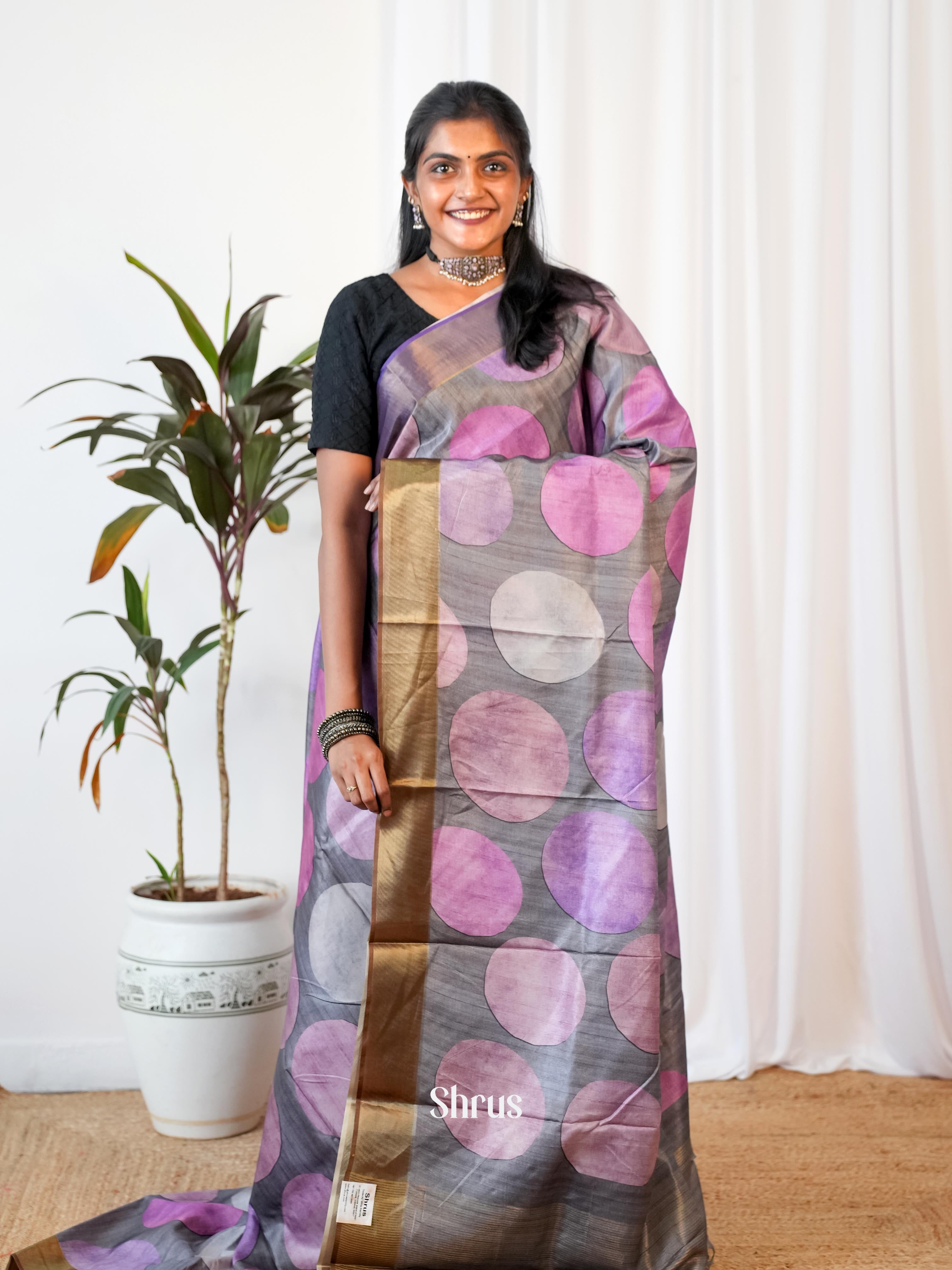Grey & Purple- Printed Tussar Saree - Shop on Shrus.com
