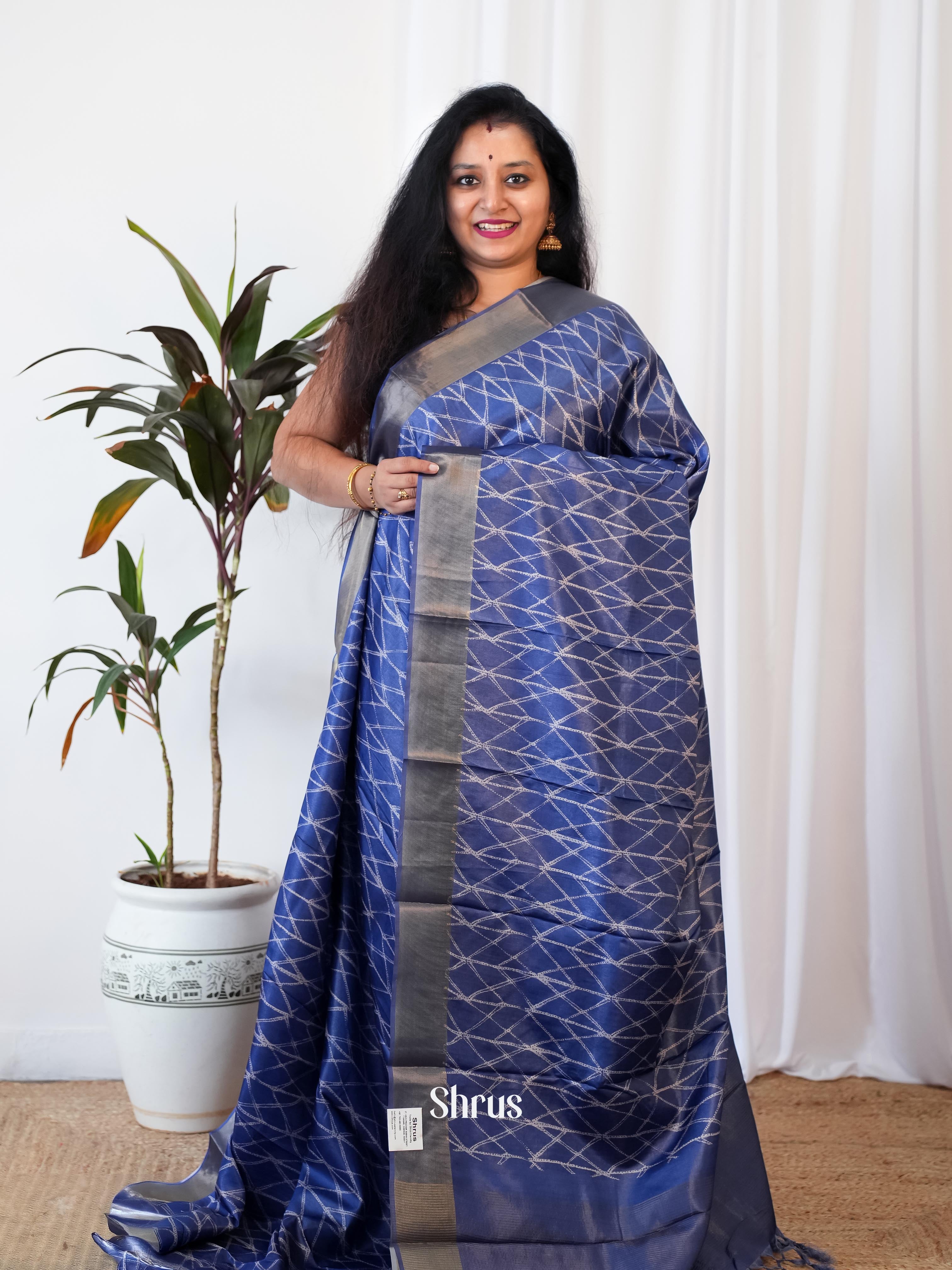 Blue - Printed Tussar Saree - Shop on Shrus.com