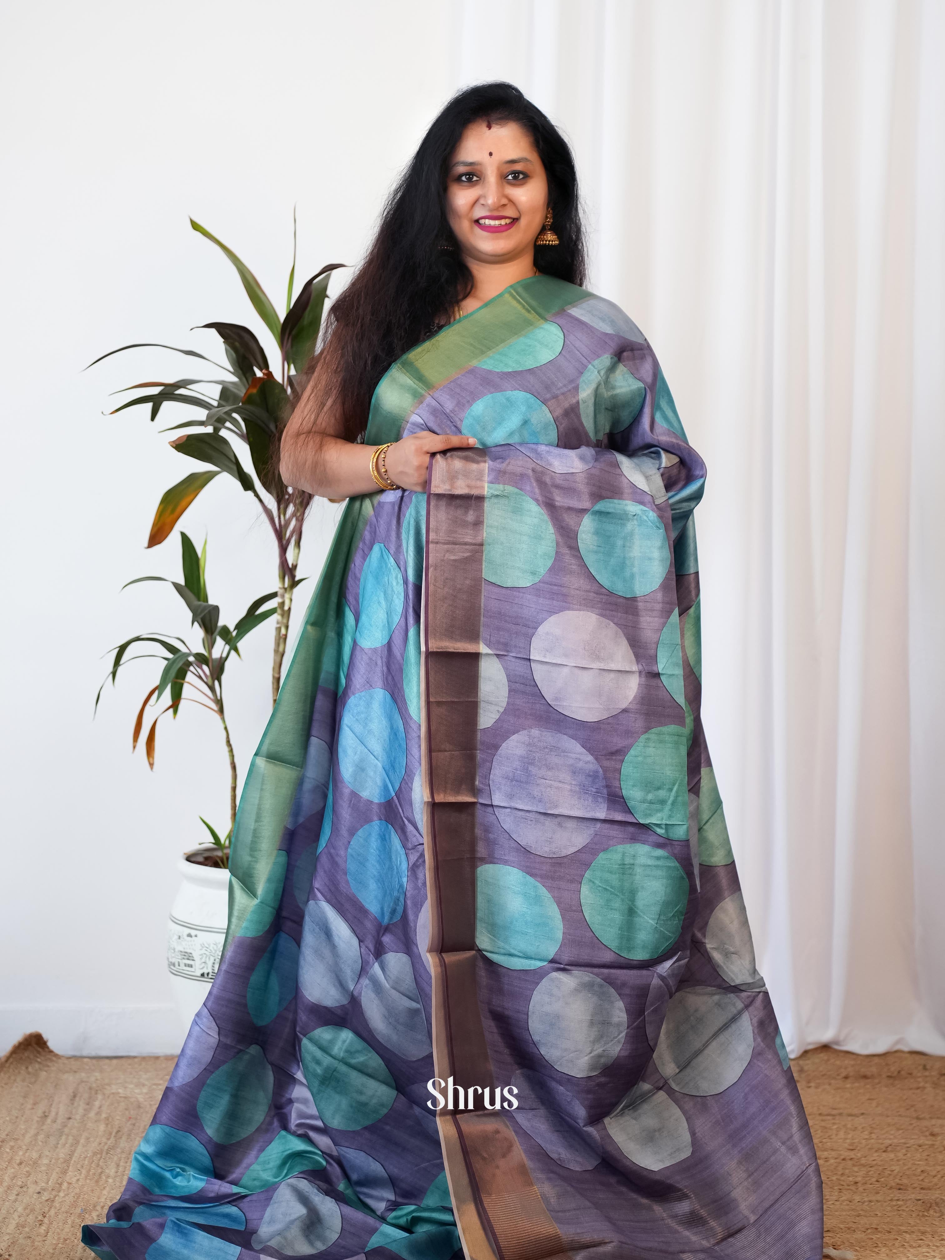 Purple - Printed Tussar Saree - Shop on Shrus.com
