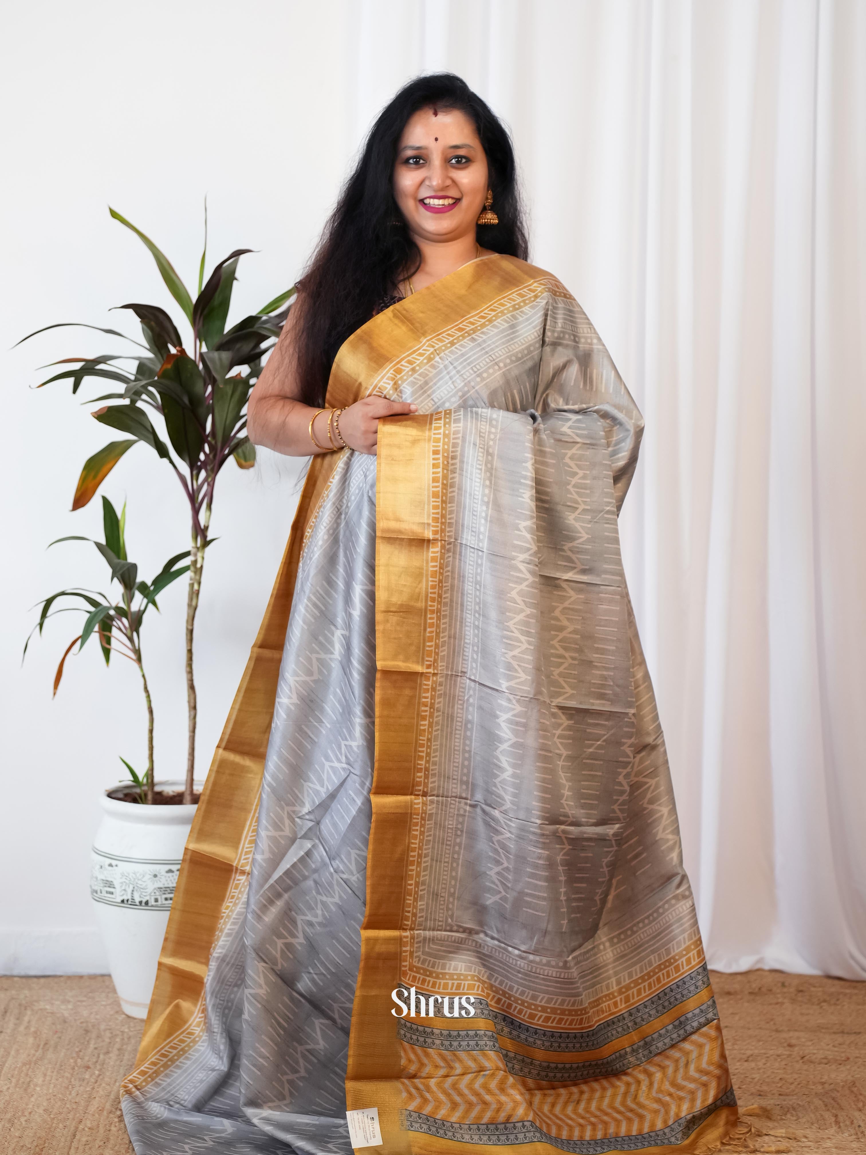 Grey & Brown - Printed Tussar Saree - Shop on Shrus.com