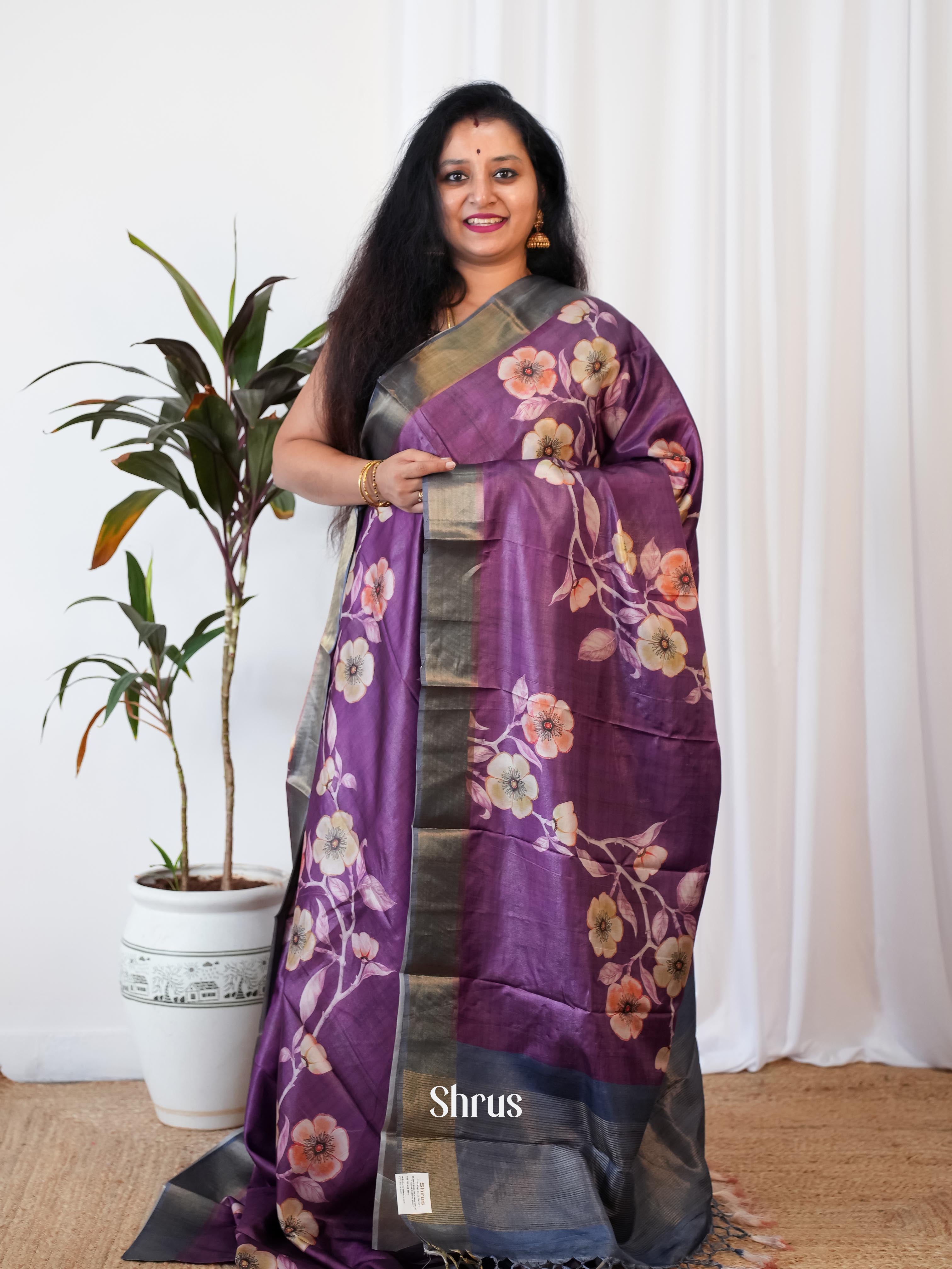 Purple & Blue - Printed Tussar Saree - Shop on Shrus.com