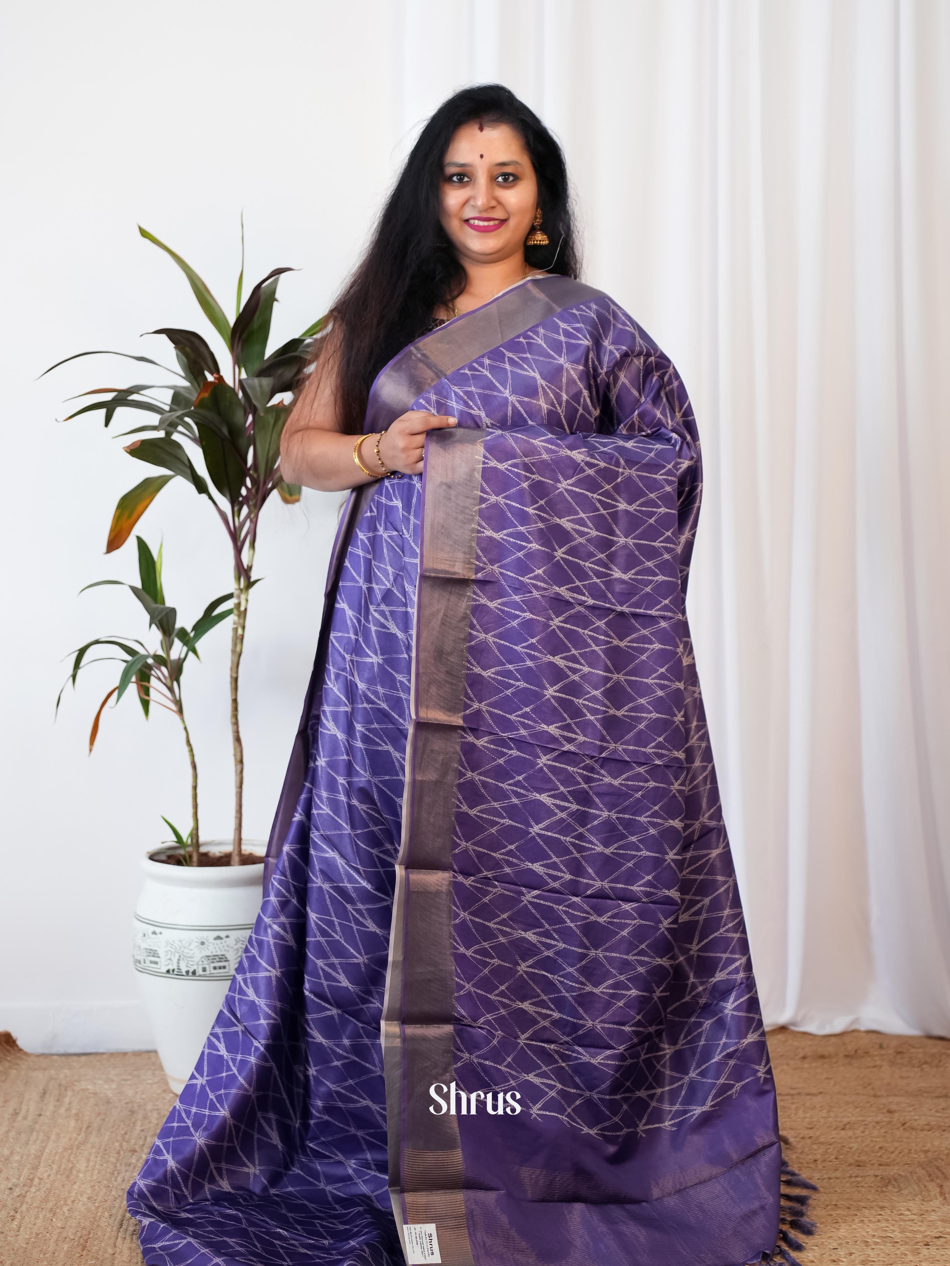 Purple - Printed Tussar Saree - Shop on Shrus.com