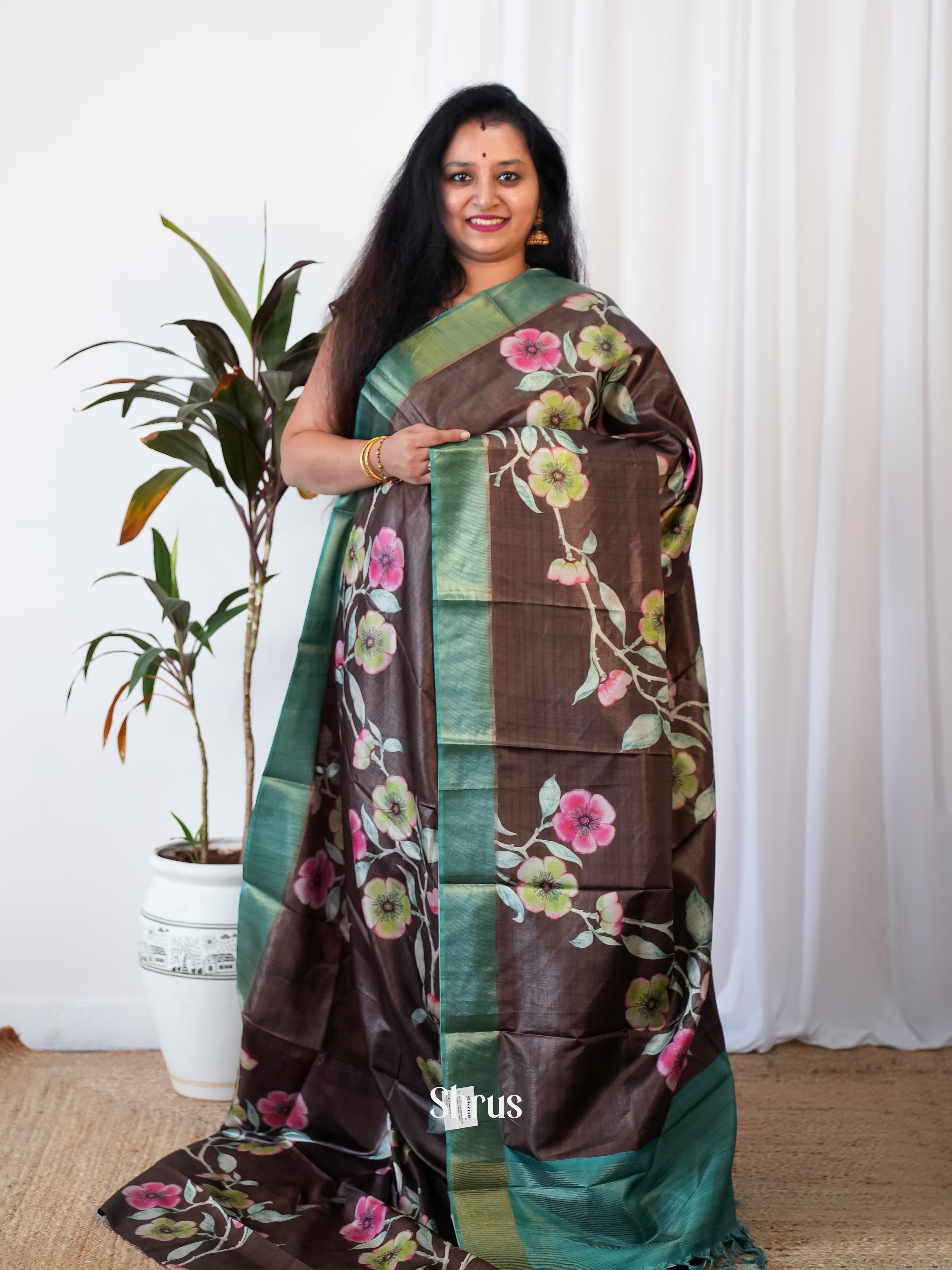 Brown & Green - Printed Tussar Saree - Shop on Shrus.com