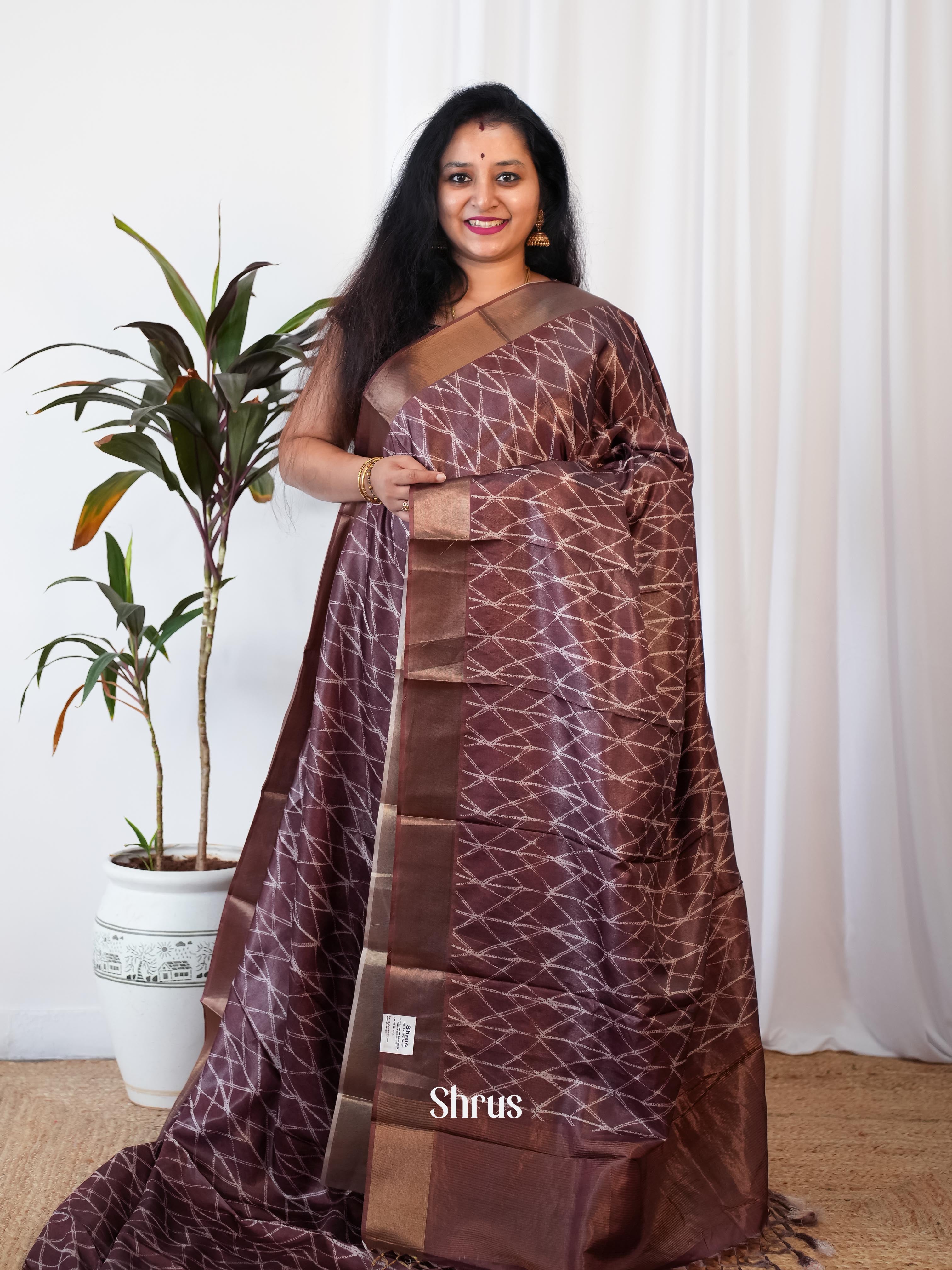Brown - Printed Tussar Saree - Shop on Shrus.com