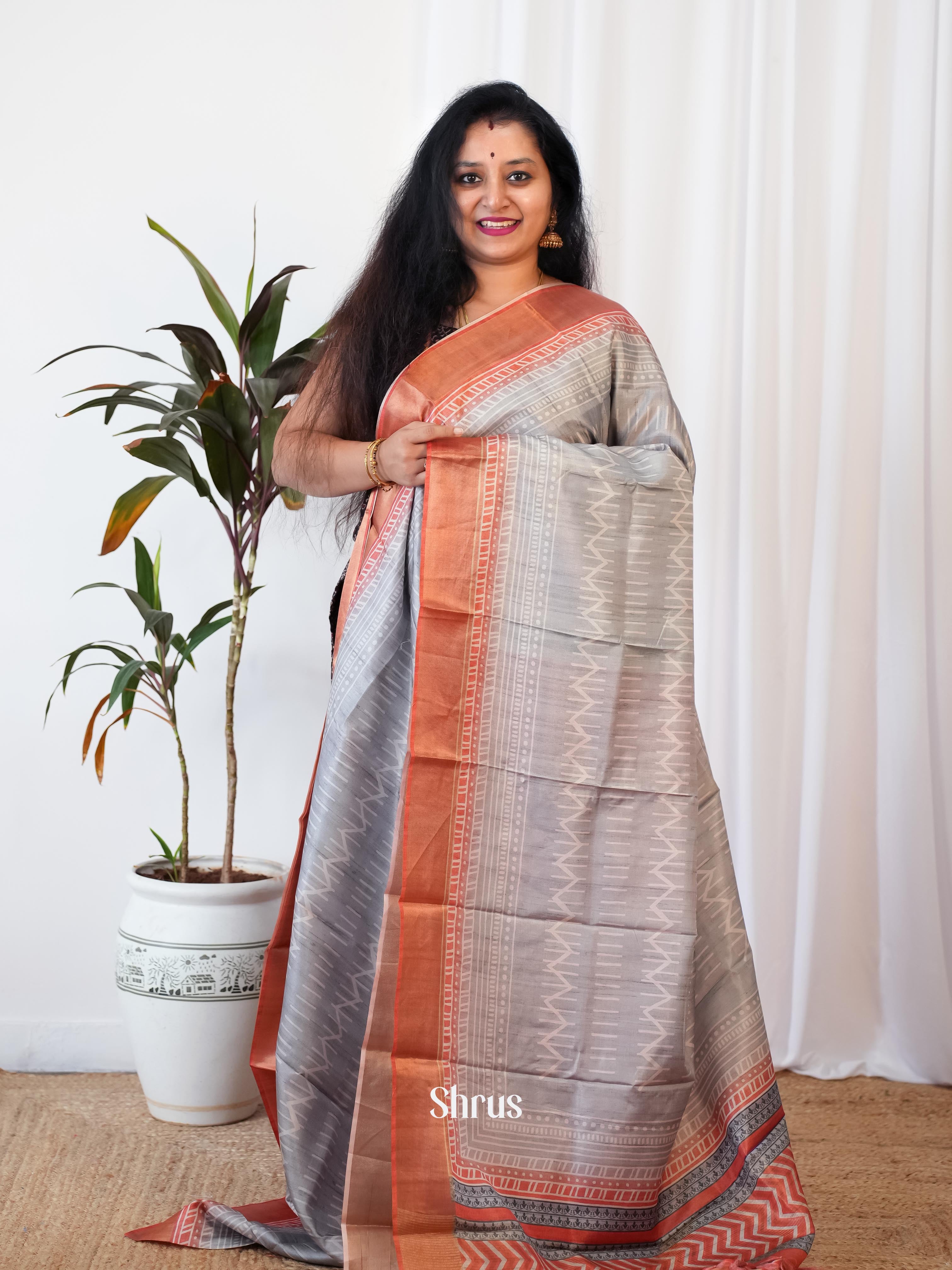 Grey & Brown - Printed Tussar Saree - Shop on Shrus.com