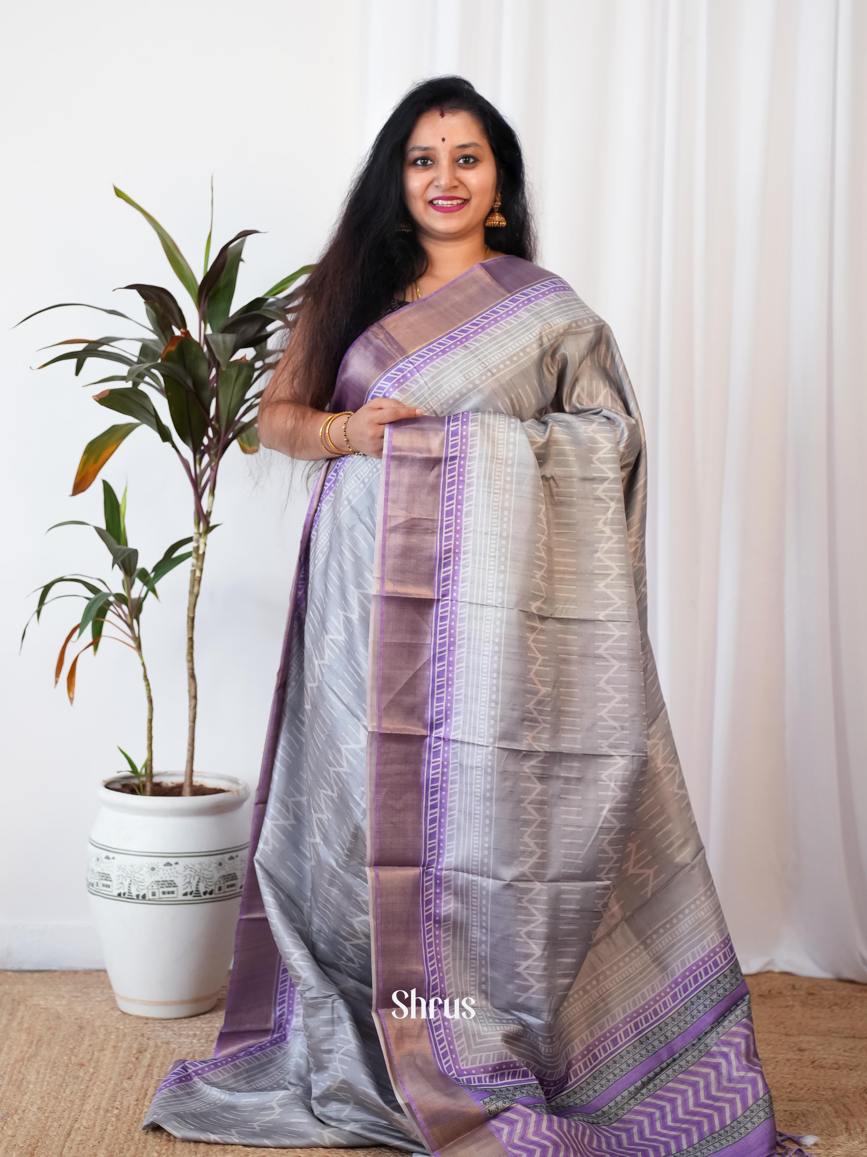 Grey & Purple - Printed Tussar Saree - Shop on Shrus.com