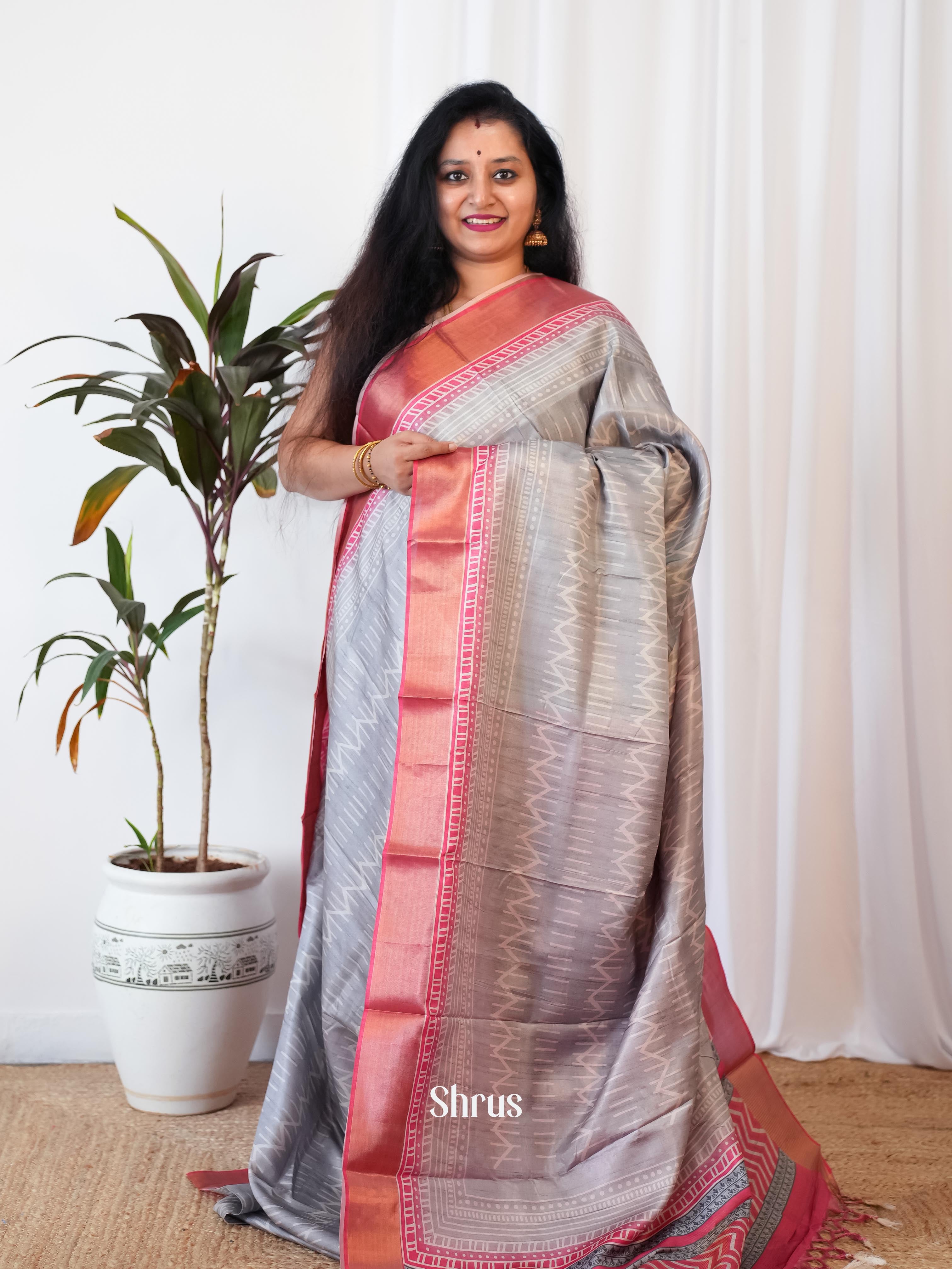 Grey & Pink - Printed Tussar Saree - Shop on Shrus.com
