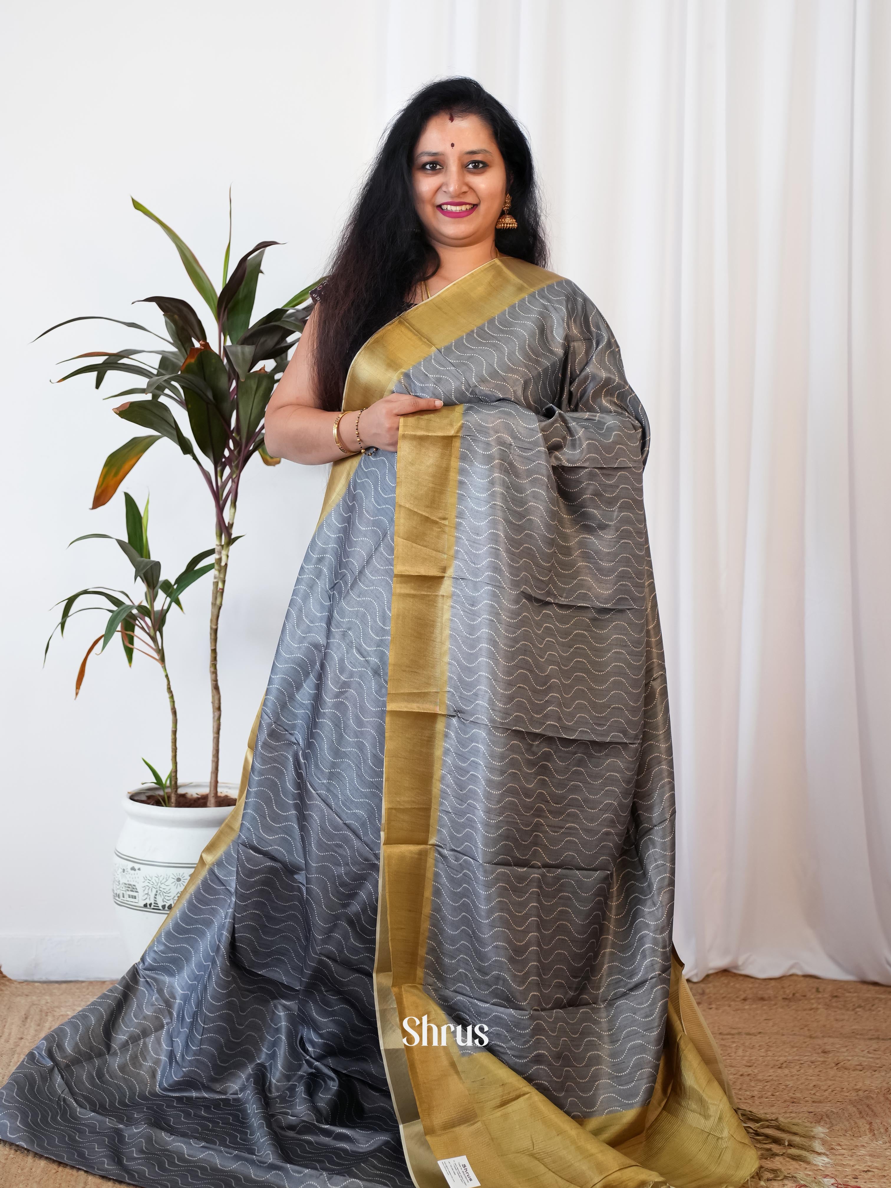 Grey & Green - Printed Tussar Saree - Shop on Shrus.com
