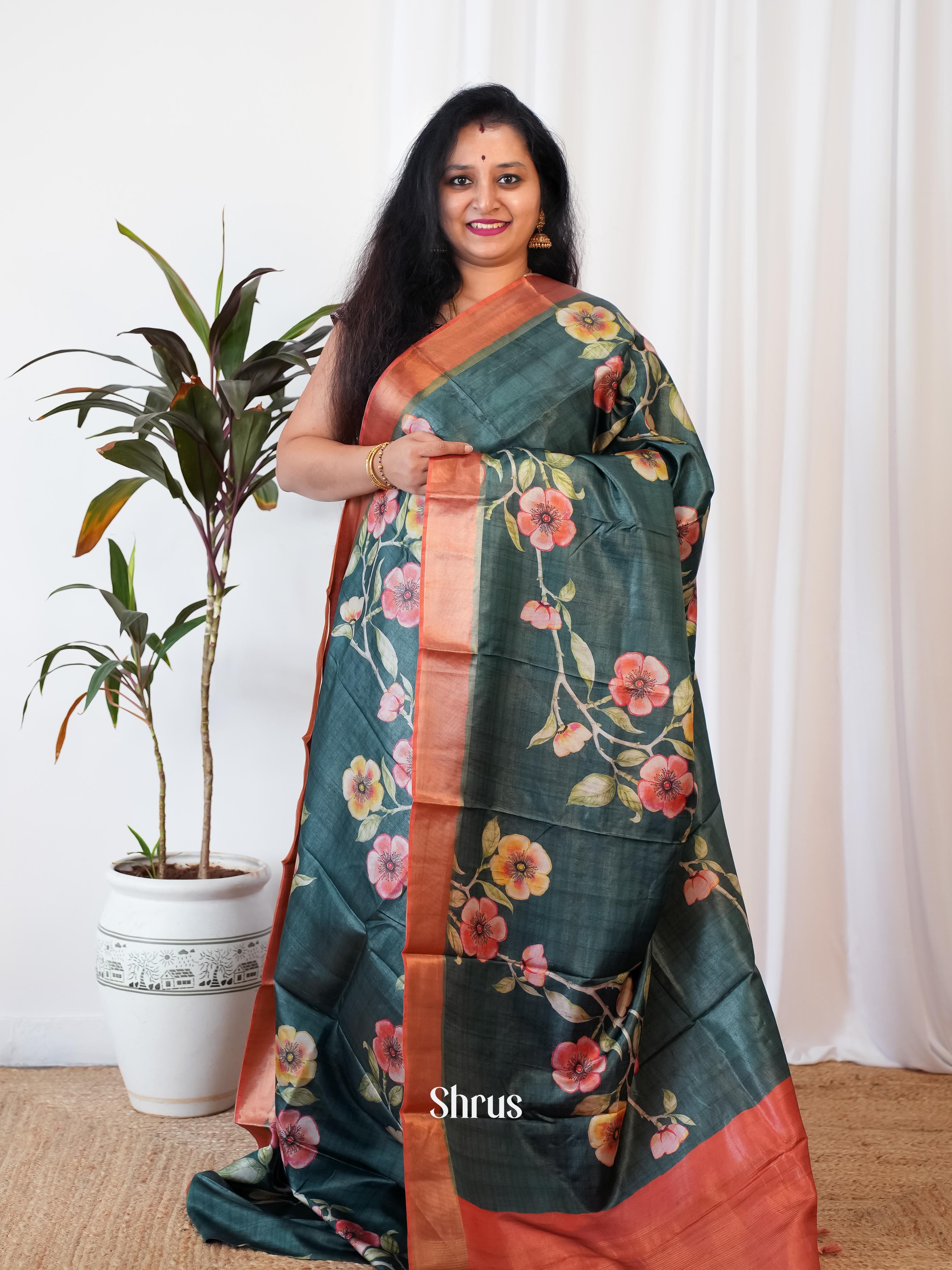 Green & Red- Printed Tussar Saree - Shop on Shrus.com