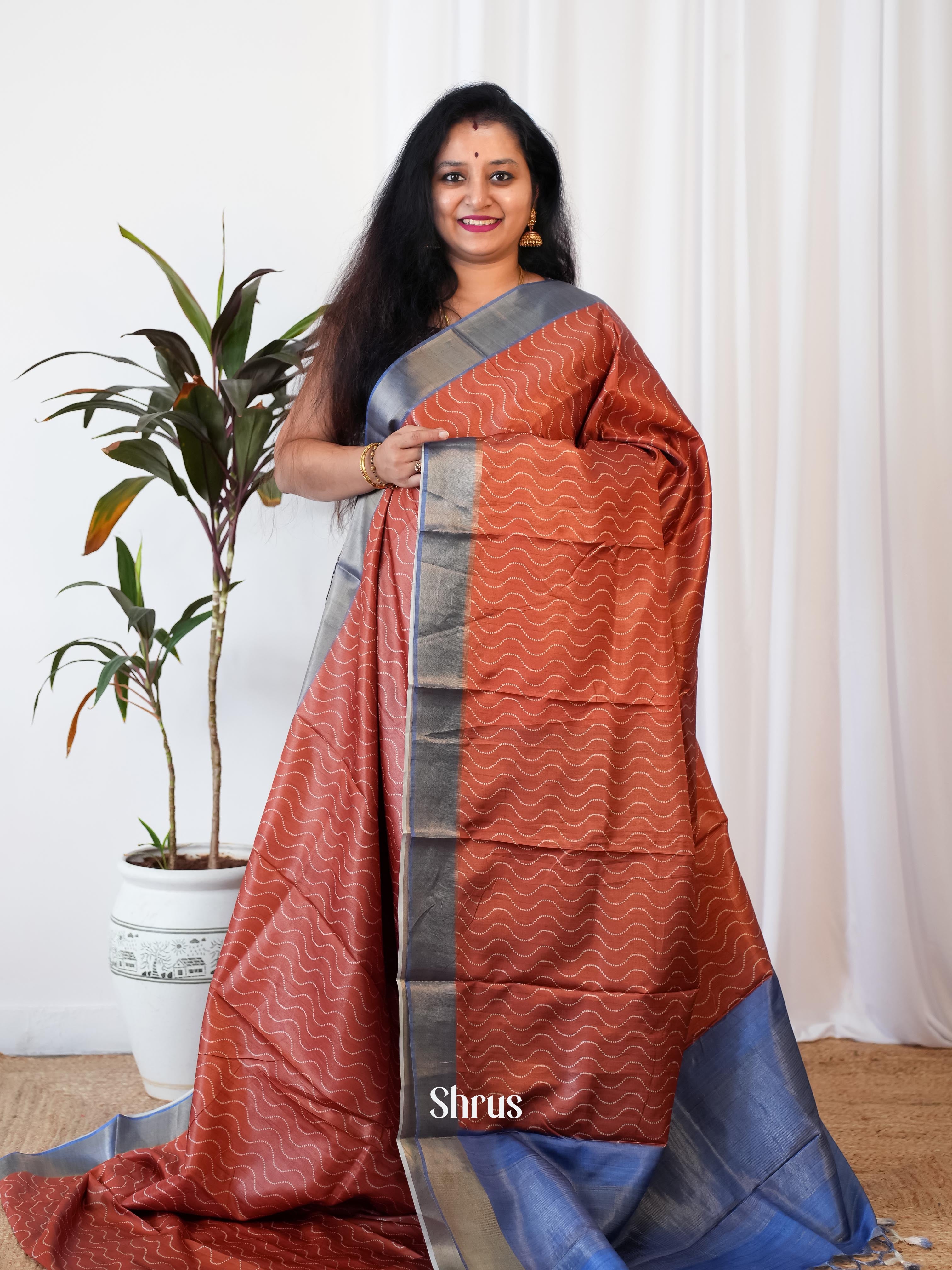Brick & Blue - Printed Tussar Saree - Shop on Shrus.com