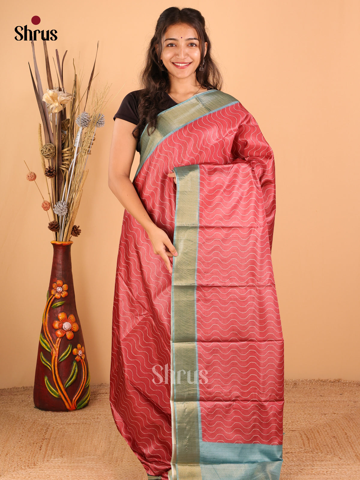 salmon pink with sky blue - Printed Tussar - CIS06521 - Shop on Shrus.com