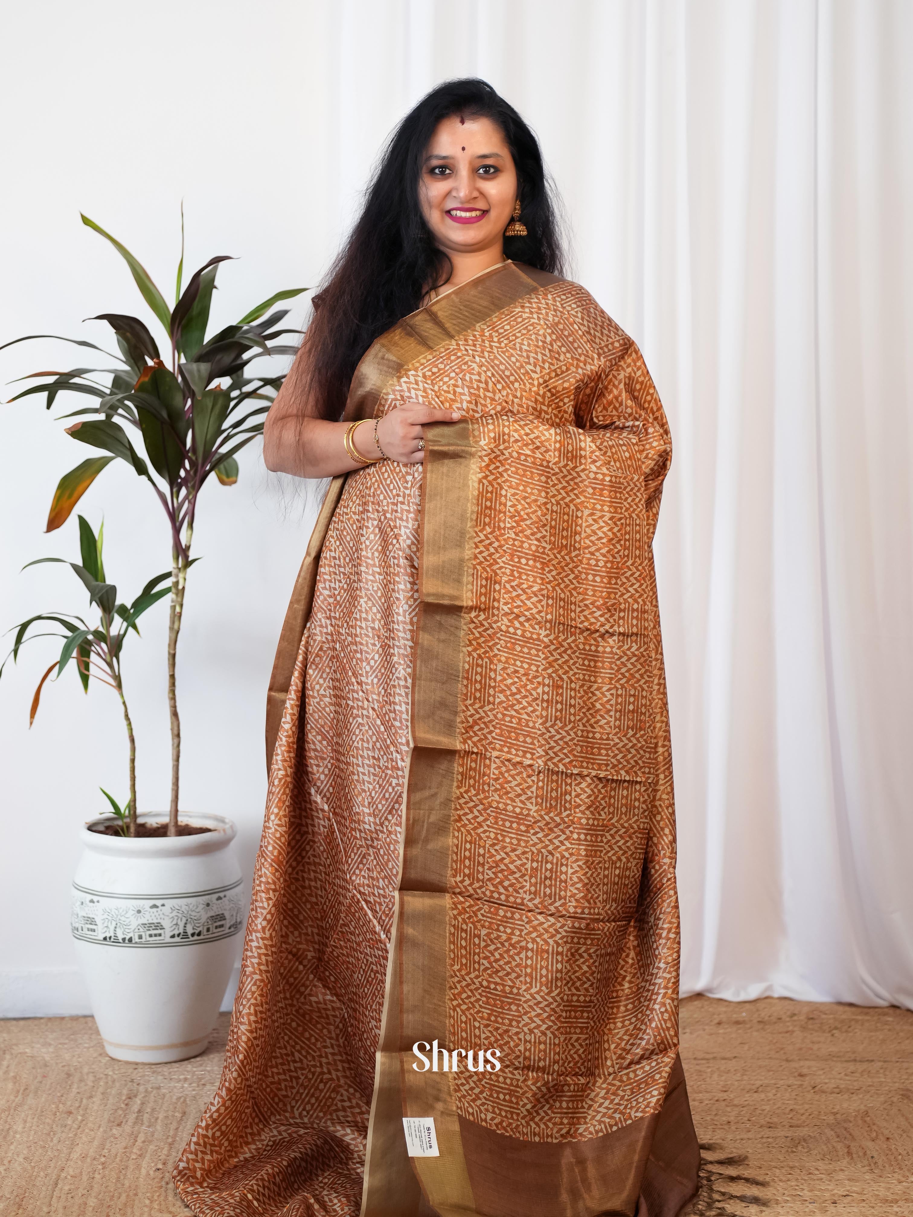 Brown - Printed Tussar Saree - Shop on Shrus.com