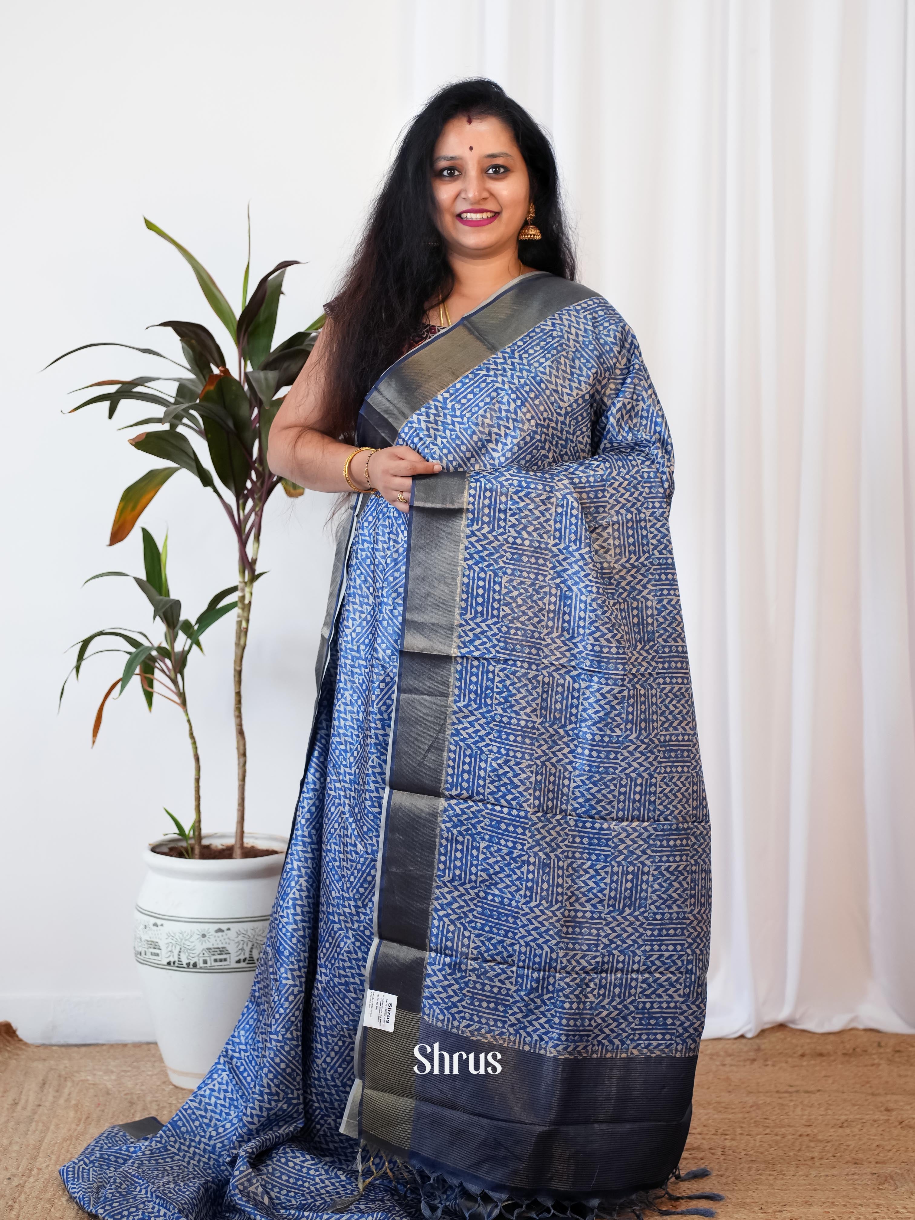 Blue - Printed Tussar Saree - Shop on Shrus.com