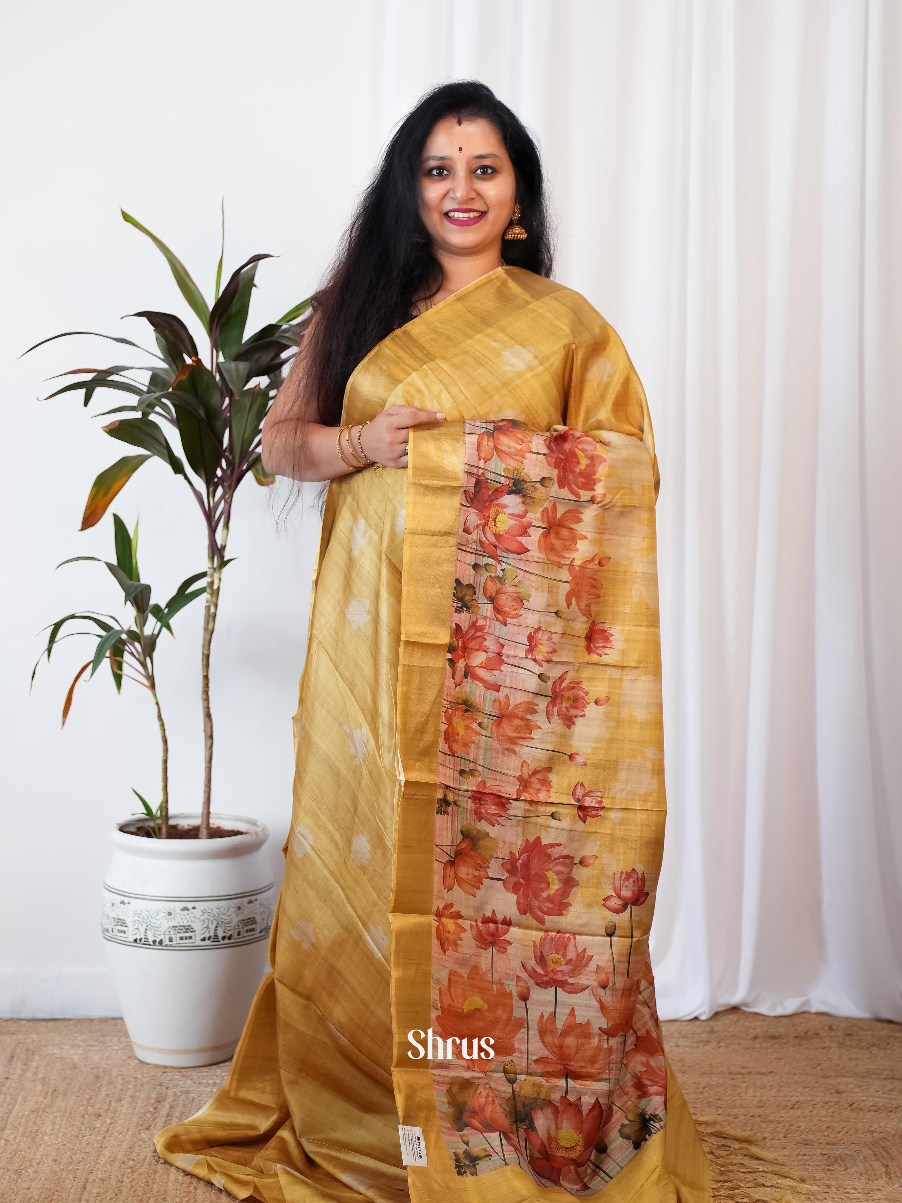 Brown - Printed Tussar Saree - Shop on Shrus.com
