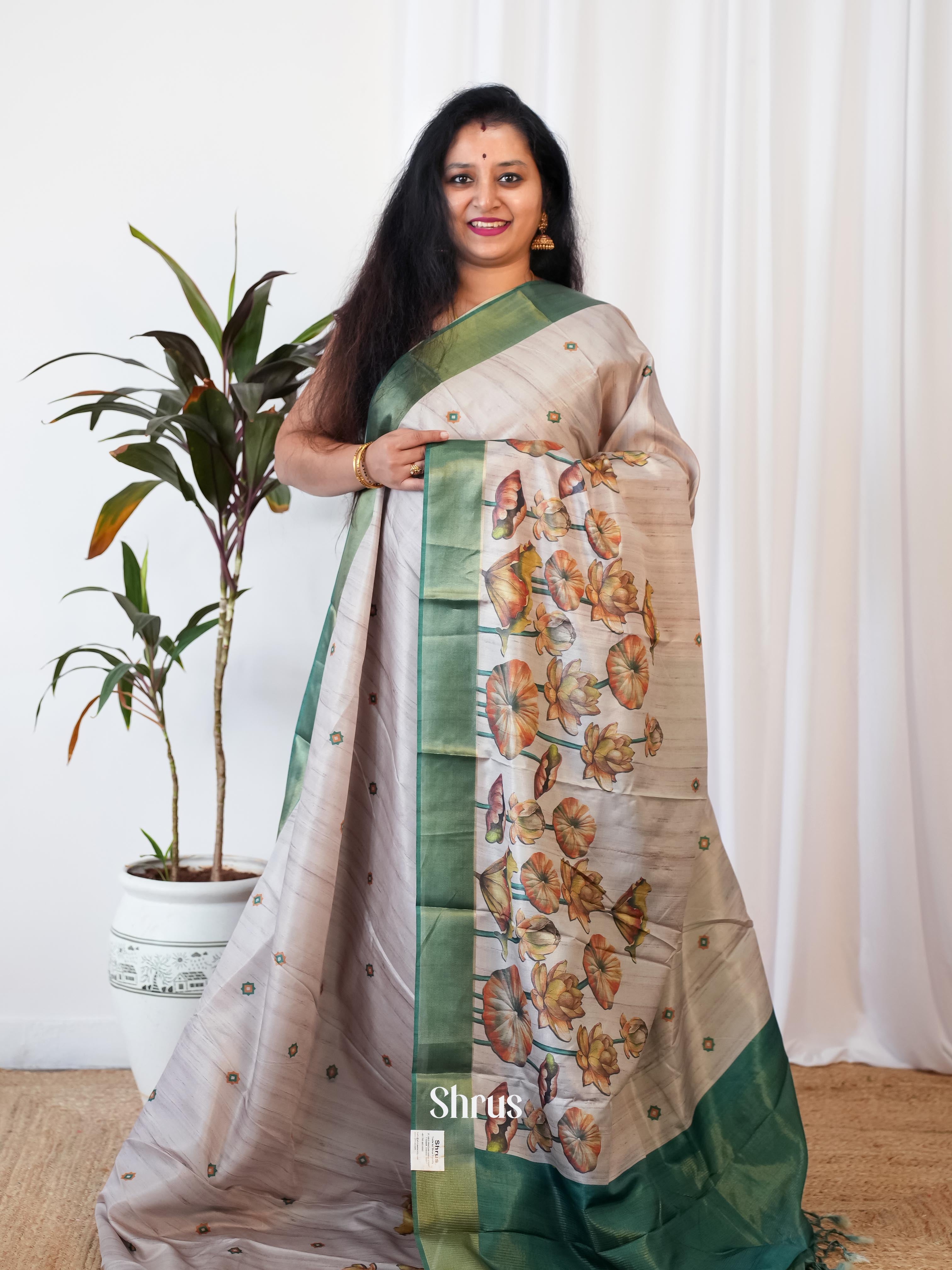 Grey & Green - Printed Tussar Saree - Shop on Shrus.com