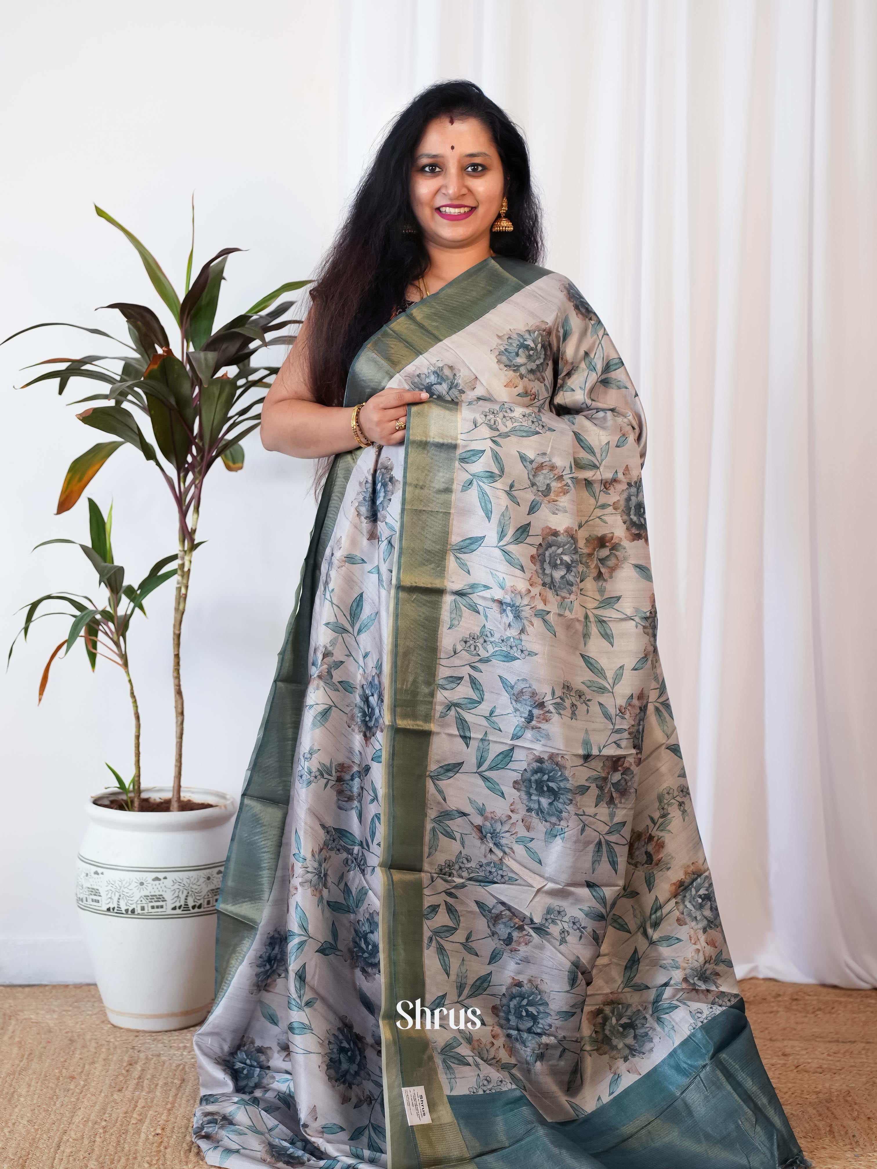 Grey & Blue- Printed Tussar Saree - Shop on Shrus.com
