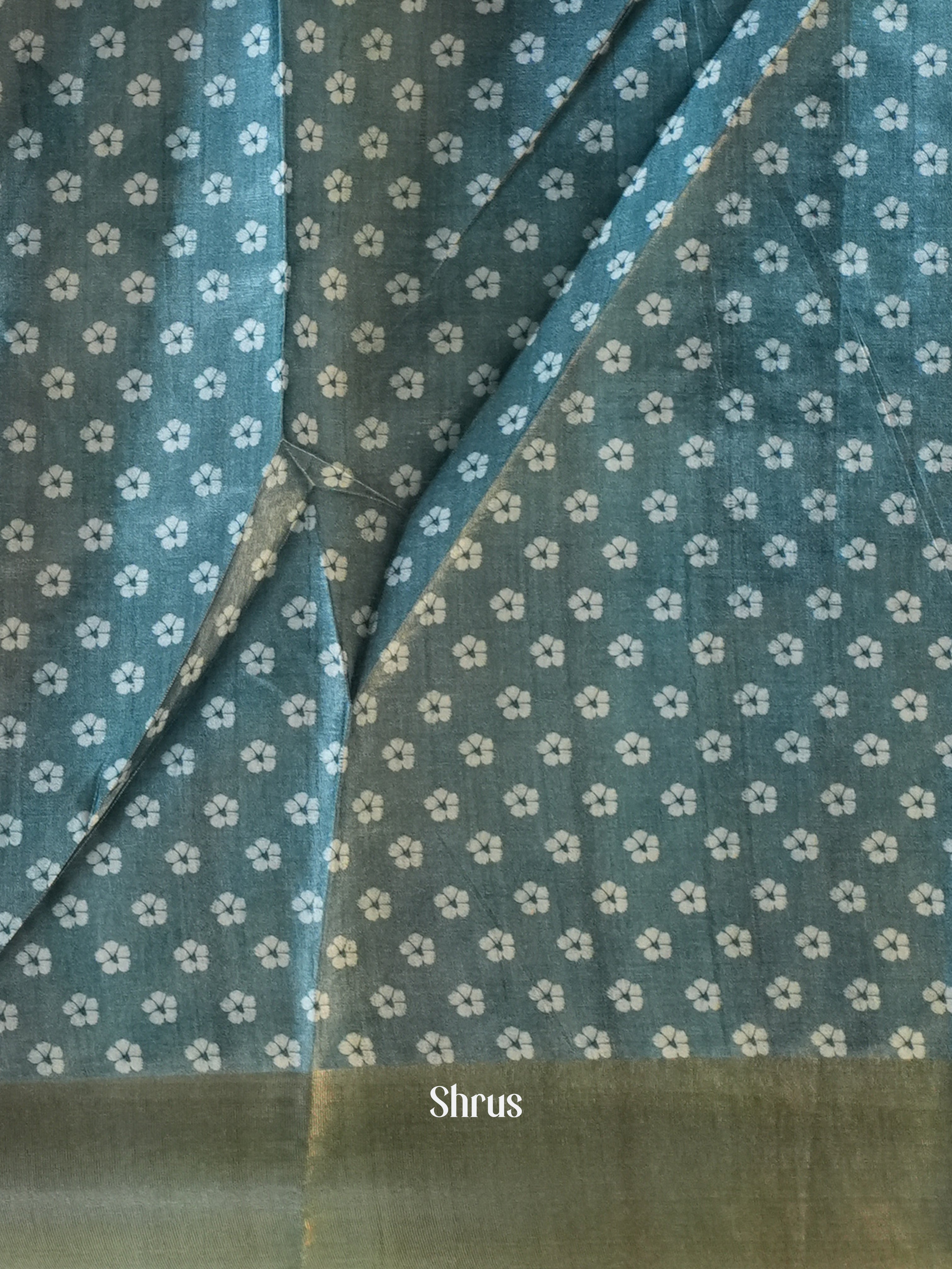 Grey & Blue- Printed Tussar Saree - Shop on Shrus.com