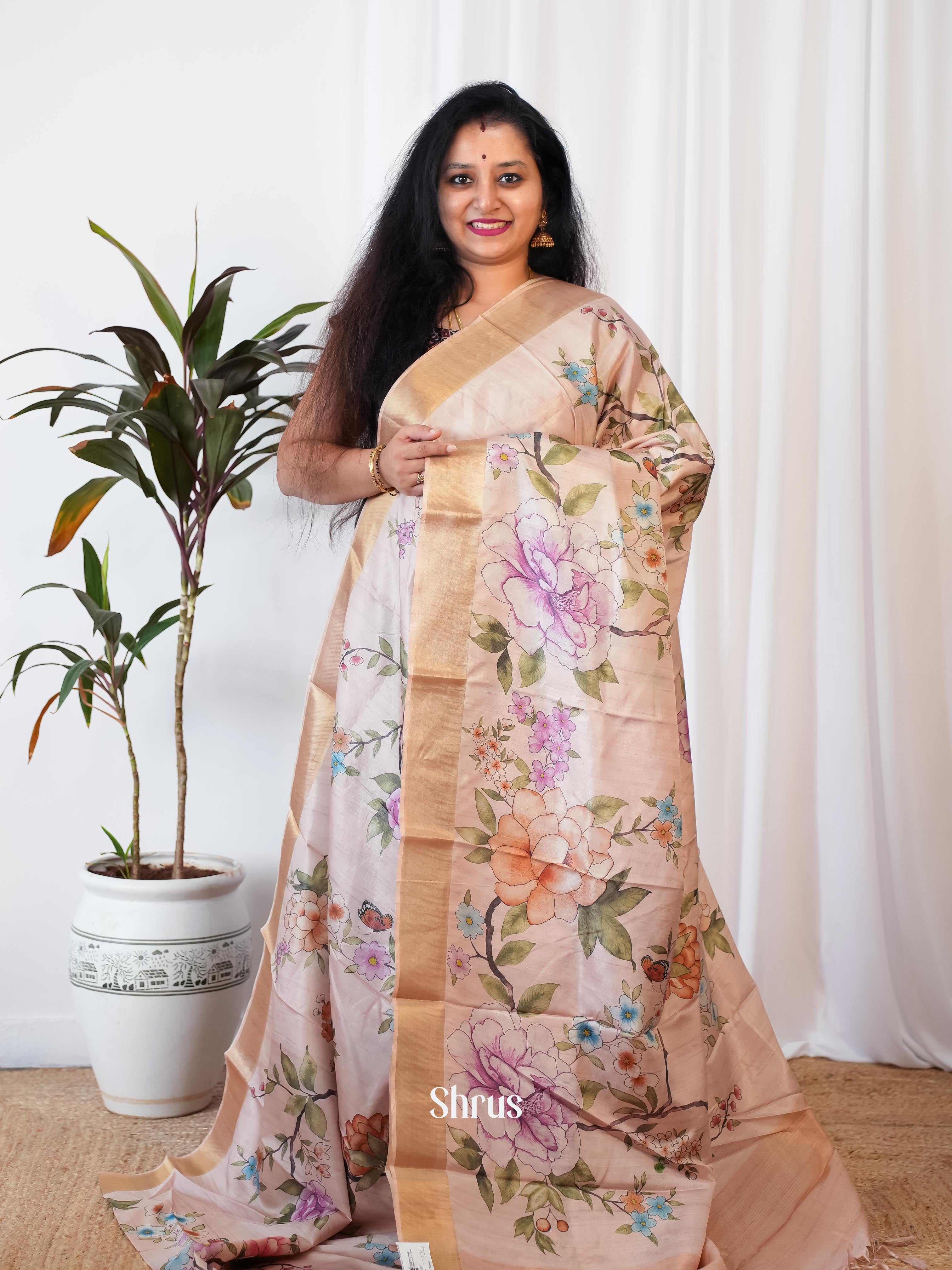 Cream - Printed Tussar Saree - Shop on Shrus.com