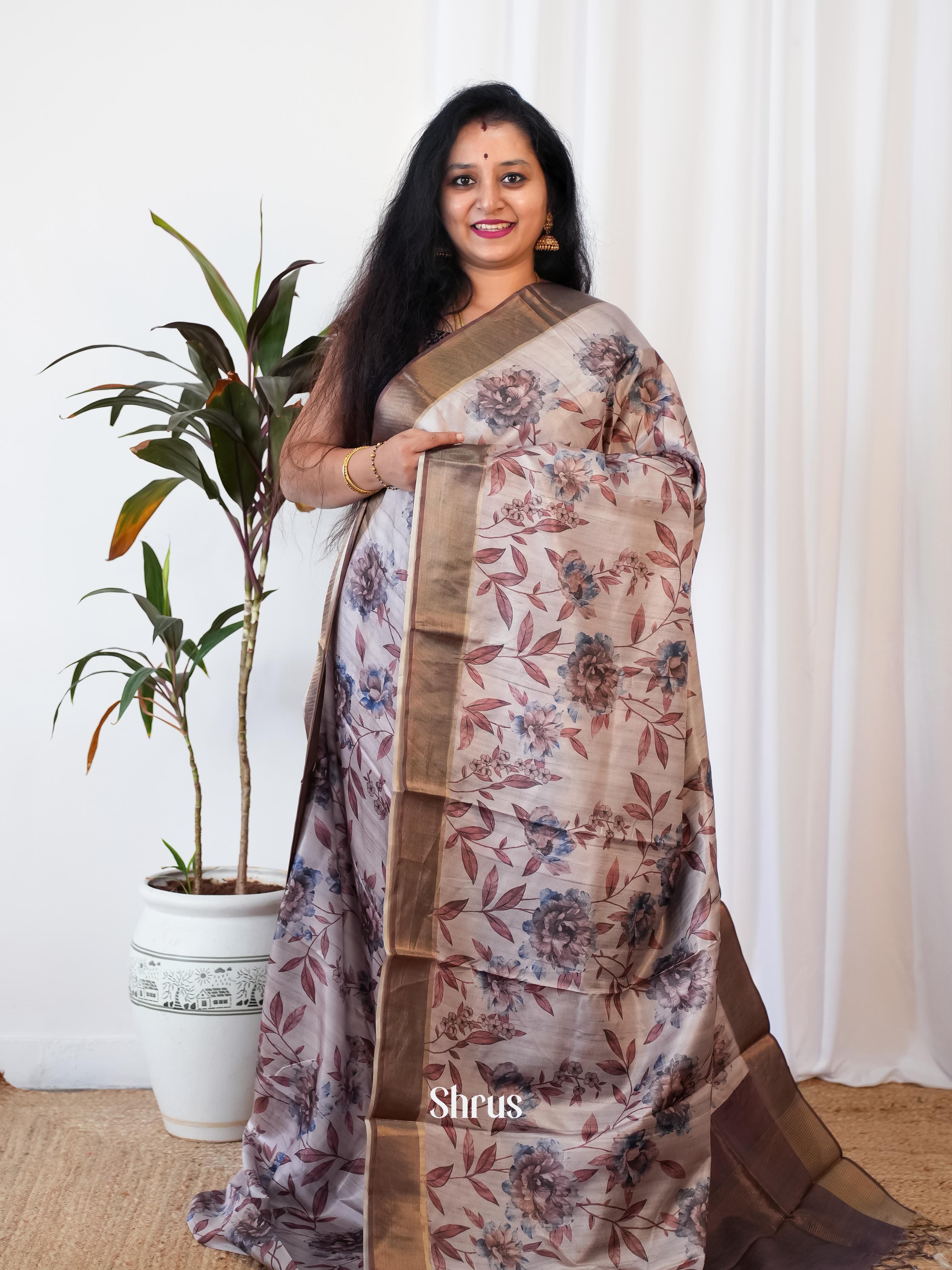 Grey & Brown - Printed Tussar Saree - Shop on Shrus.com