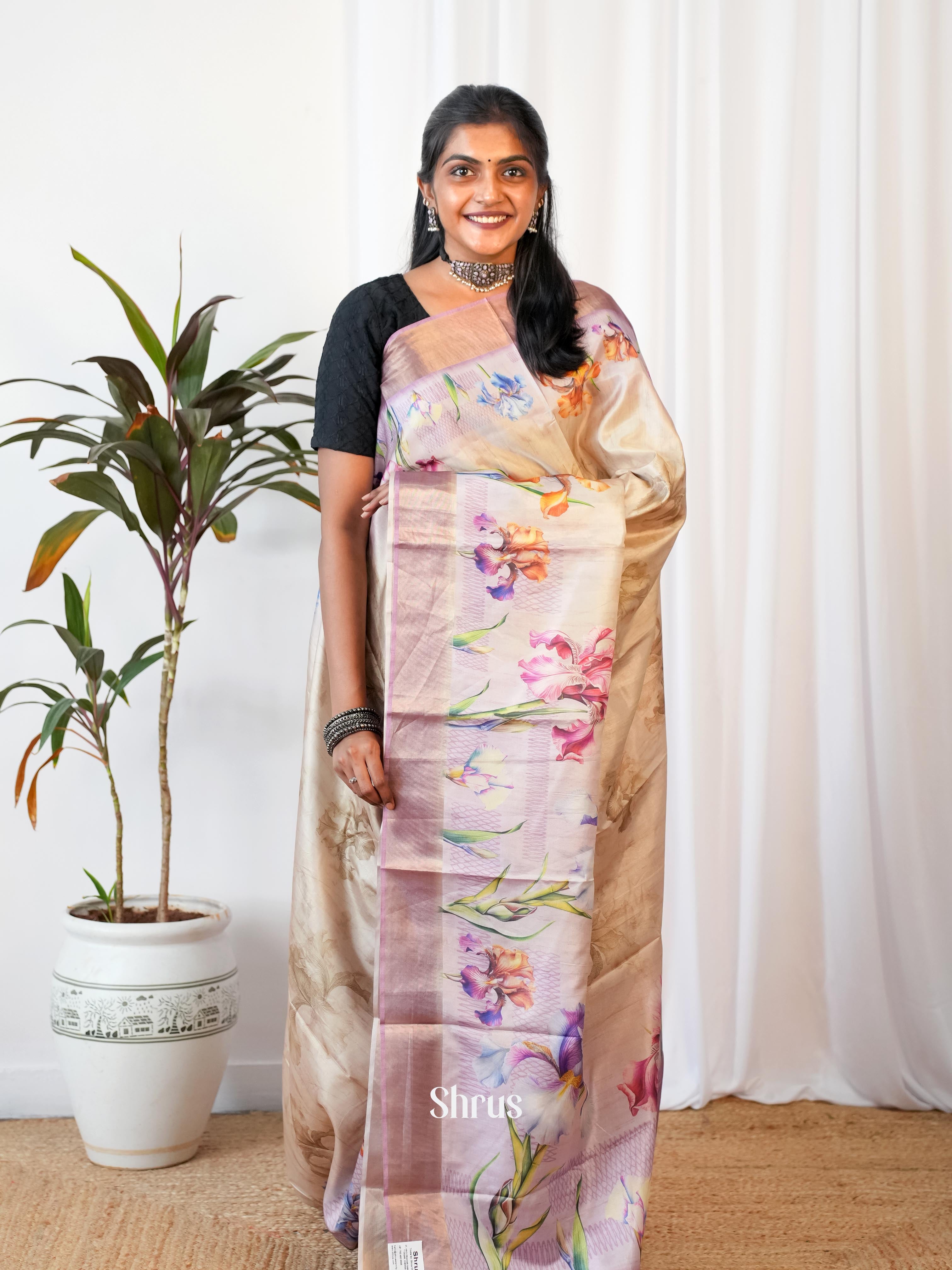 Cream & Lavender- Printed Tussar Saree - Shop on Shrus.com
