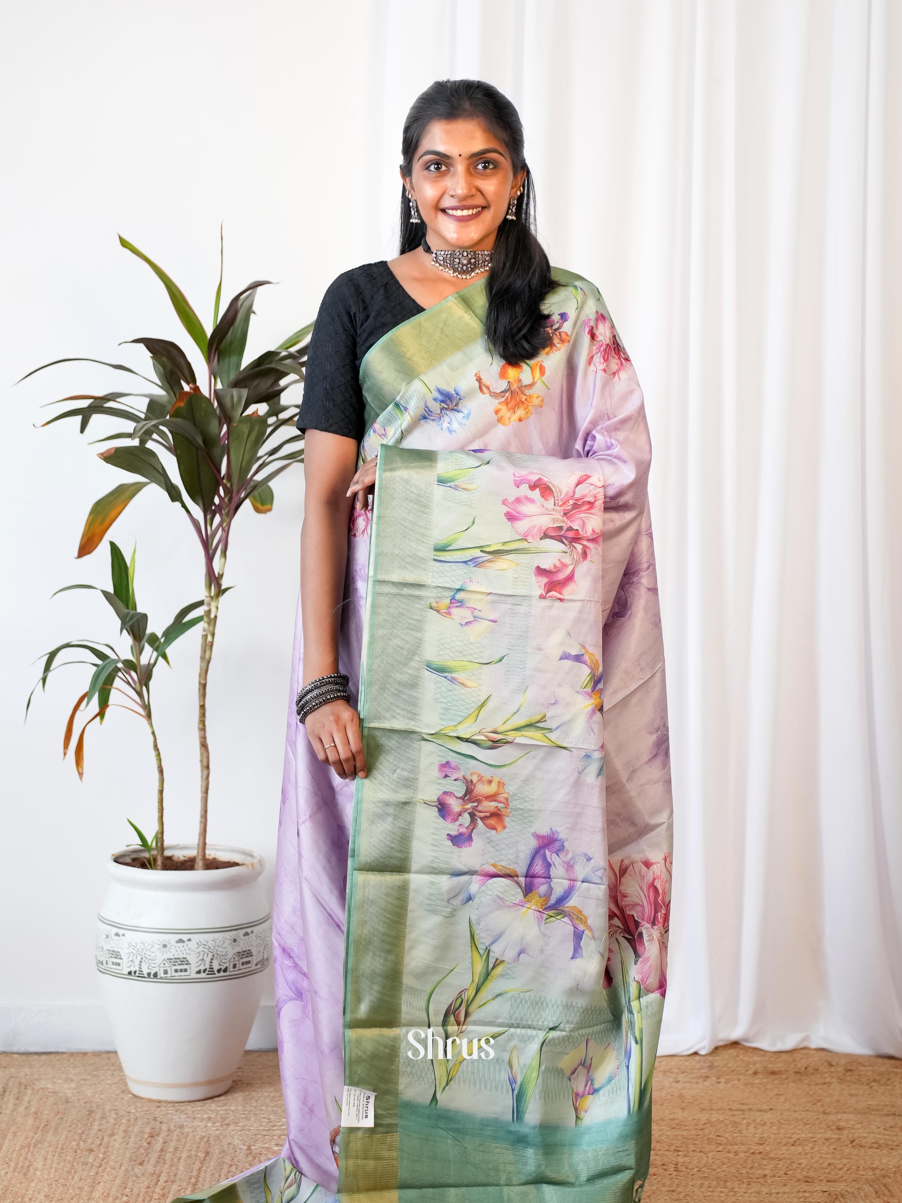 Purple & Green - Printed Tussar Saree - Shop on Shrus.com