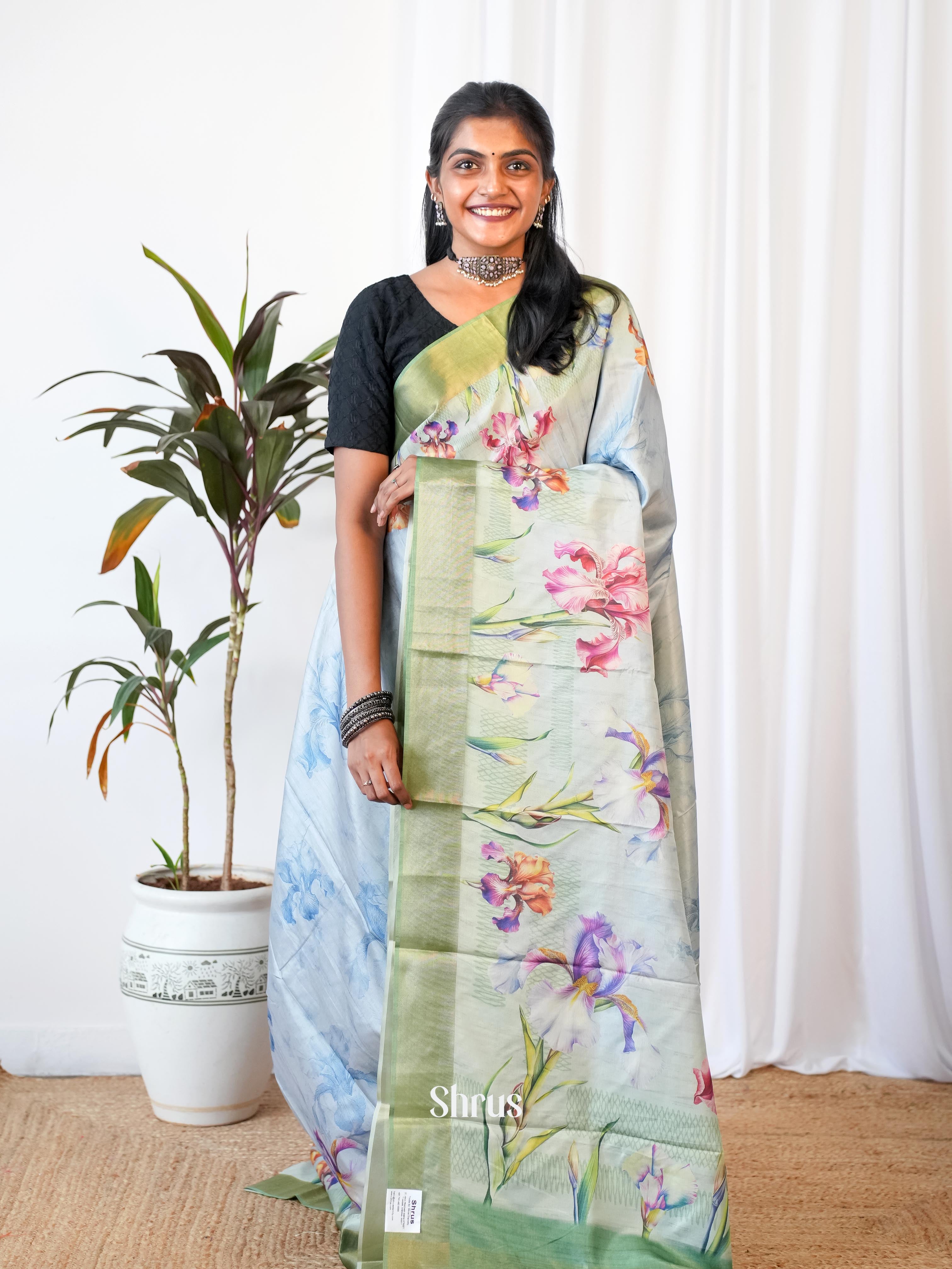 Blue & Green - Printed Tussar Saree - Shop on Shrus.com