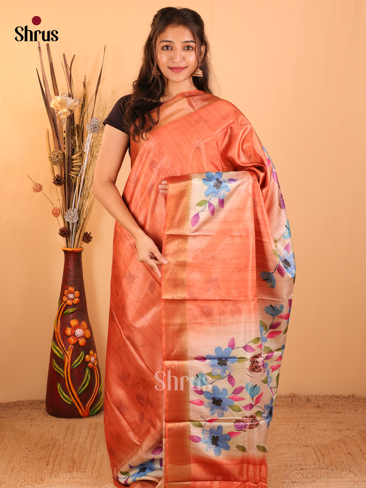 Orange - Printed Tussar saree - CIS06540 - Shop on Shrus.com