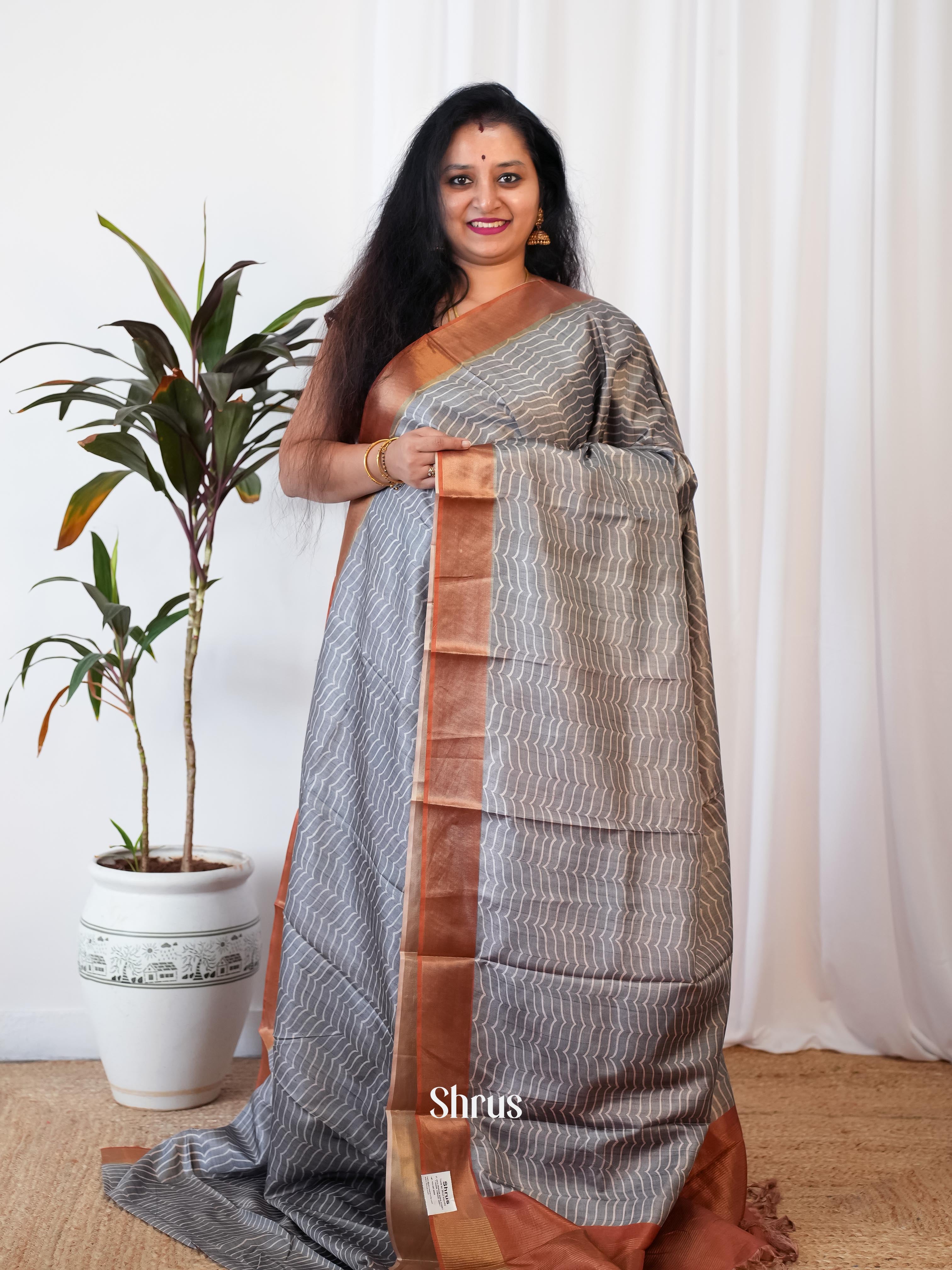 Grey & Brown - Printed Tussar Saree - Shop on Shrus.com