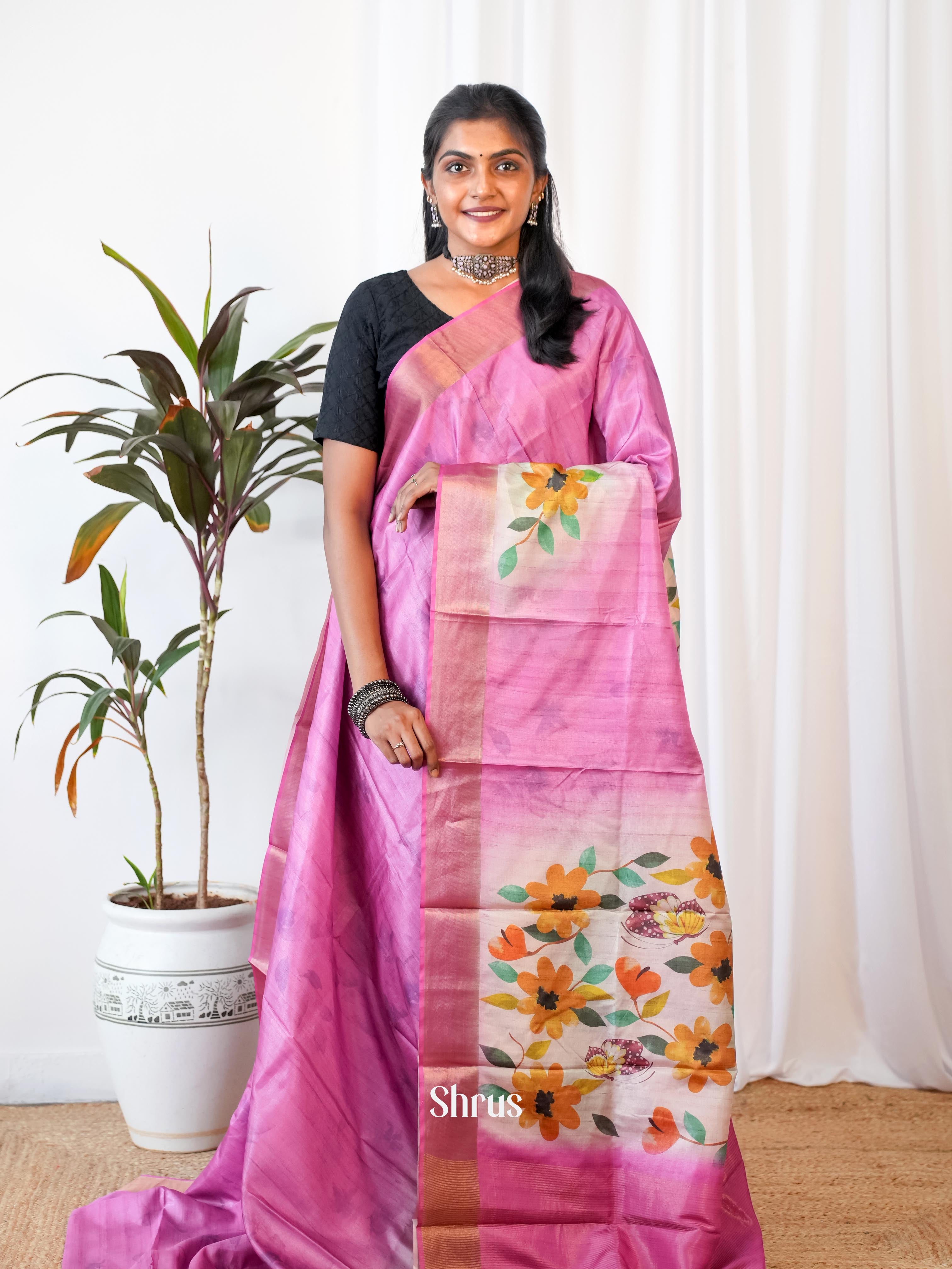 Pink - Printed Tussar Saree - Shop on Shrus.com