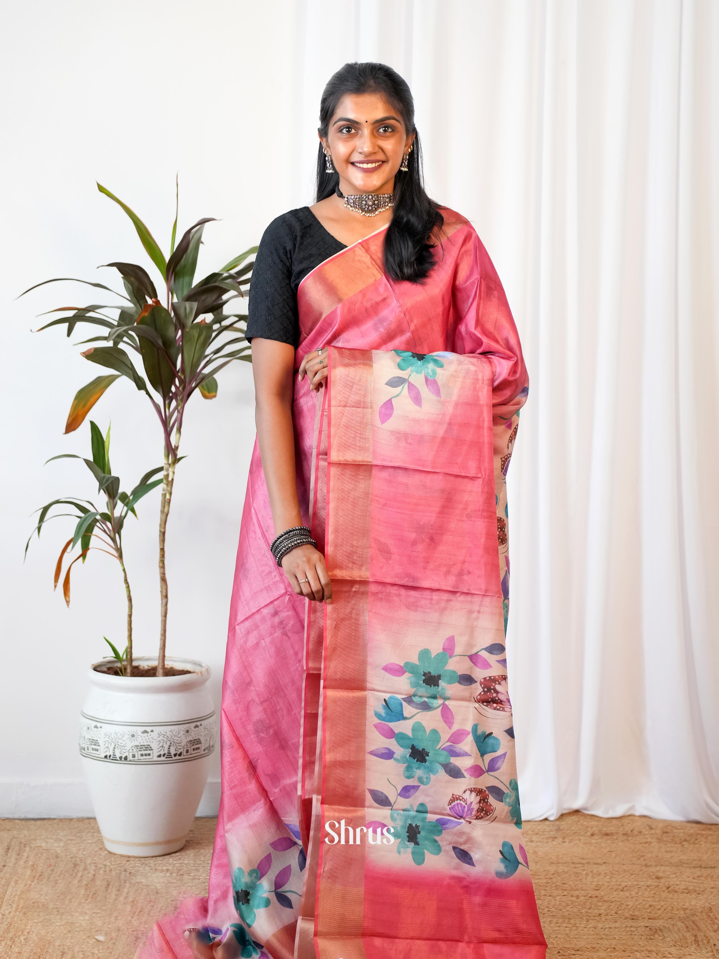 Pink - Printed Tussar Saree - Shop on Shrus.com