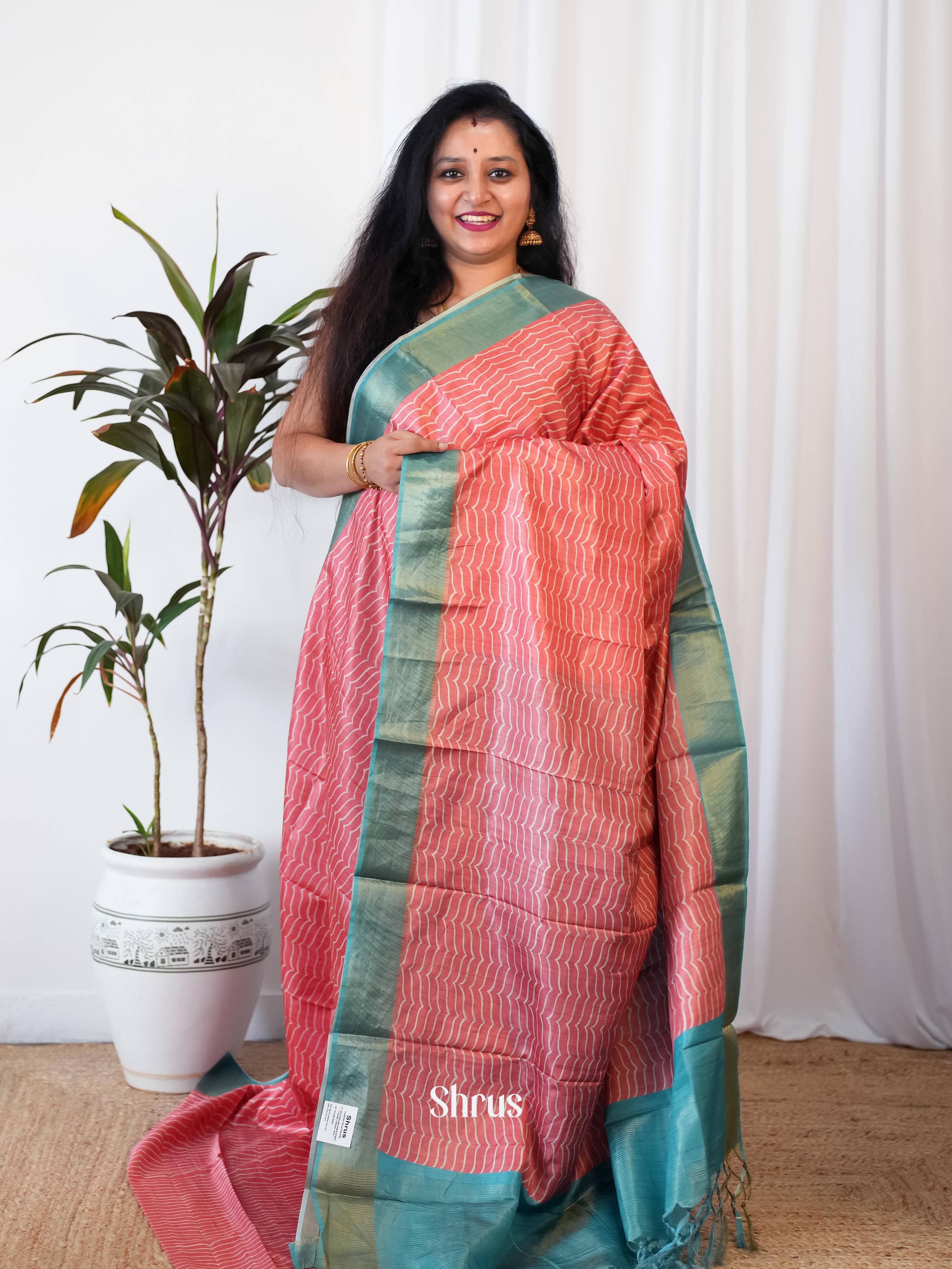 Pink & Teal - Printed Tussar Saree - Shop on Shrus.com