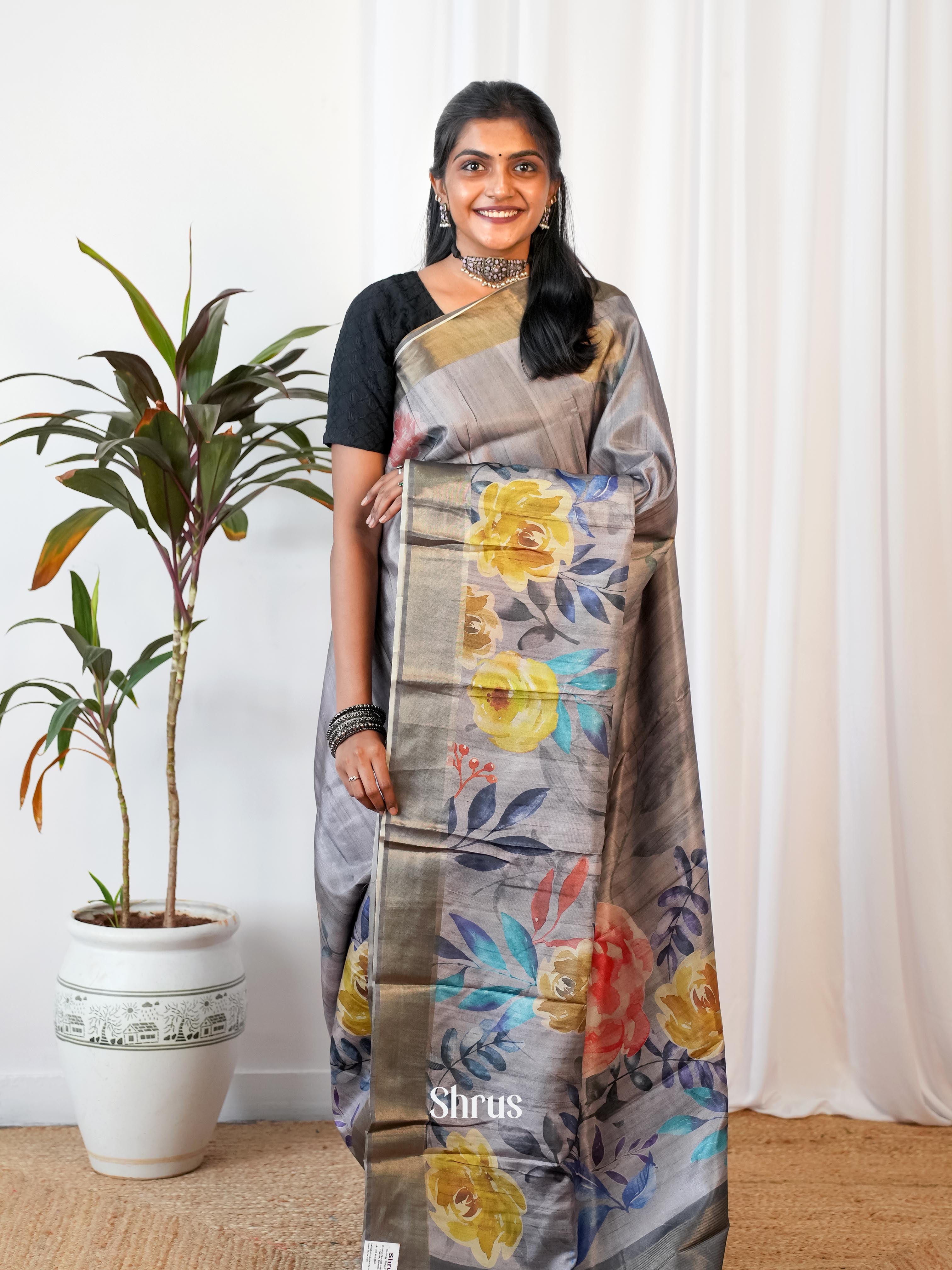 Grey - Printed Tussar Saree - Shop on Shrus.com