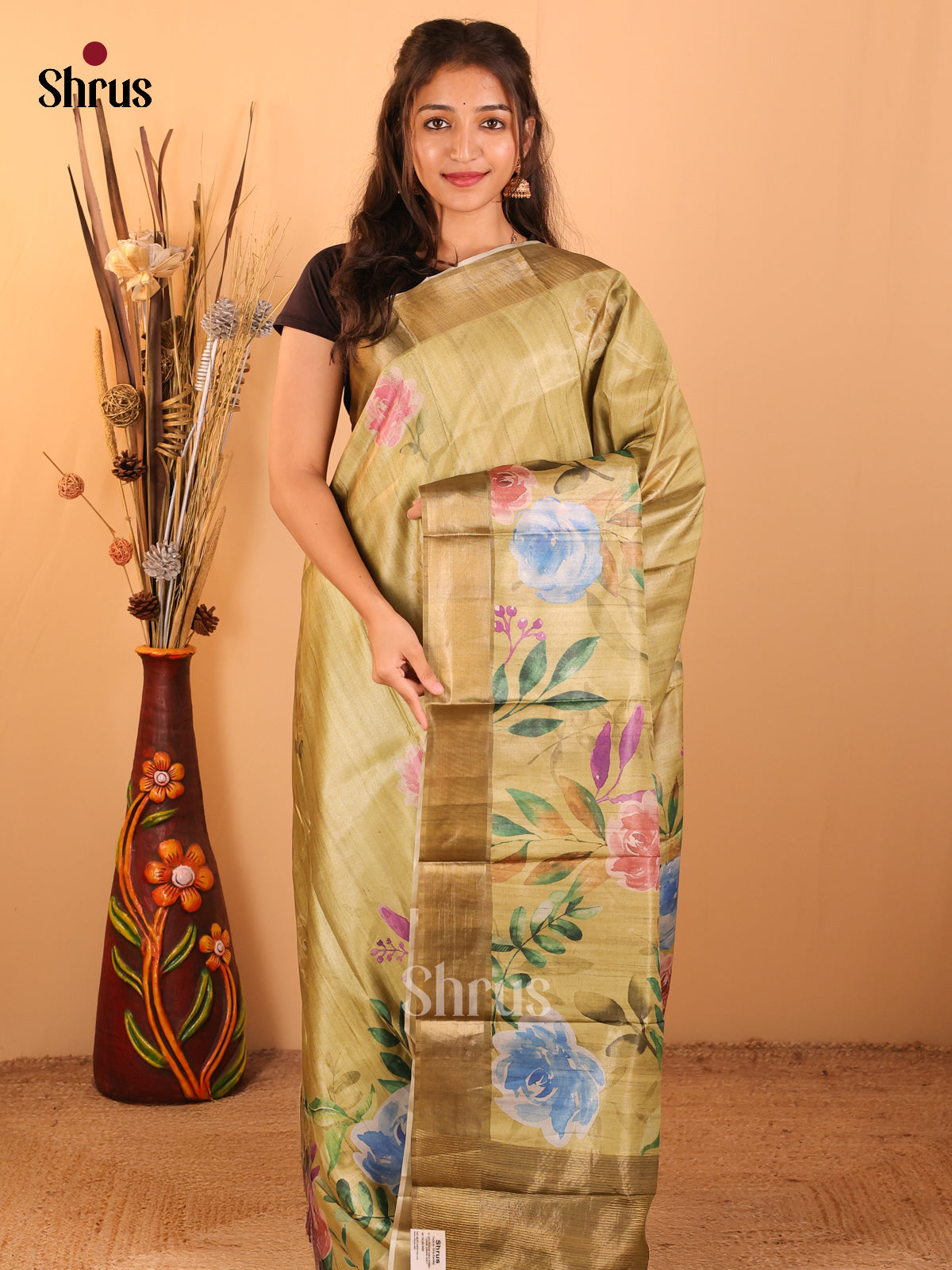 Mehandi Green - Printed Tussar saree - CIS06551 - Shop on Shrus.com