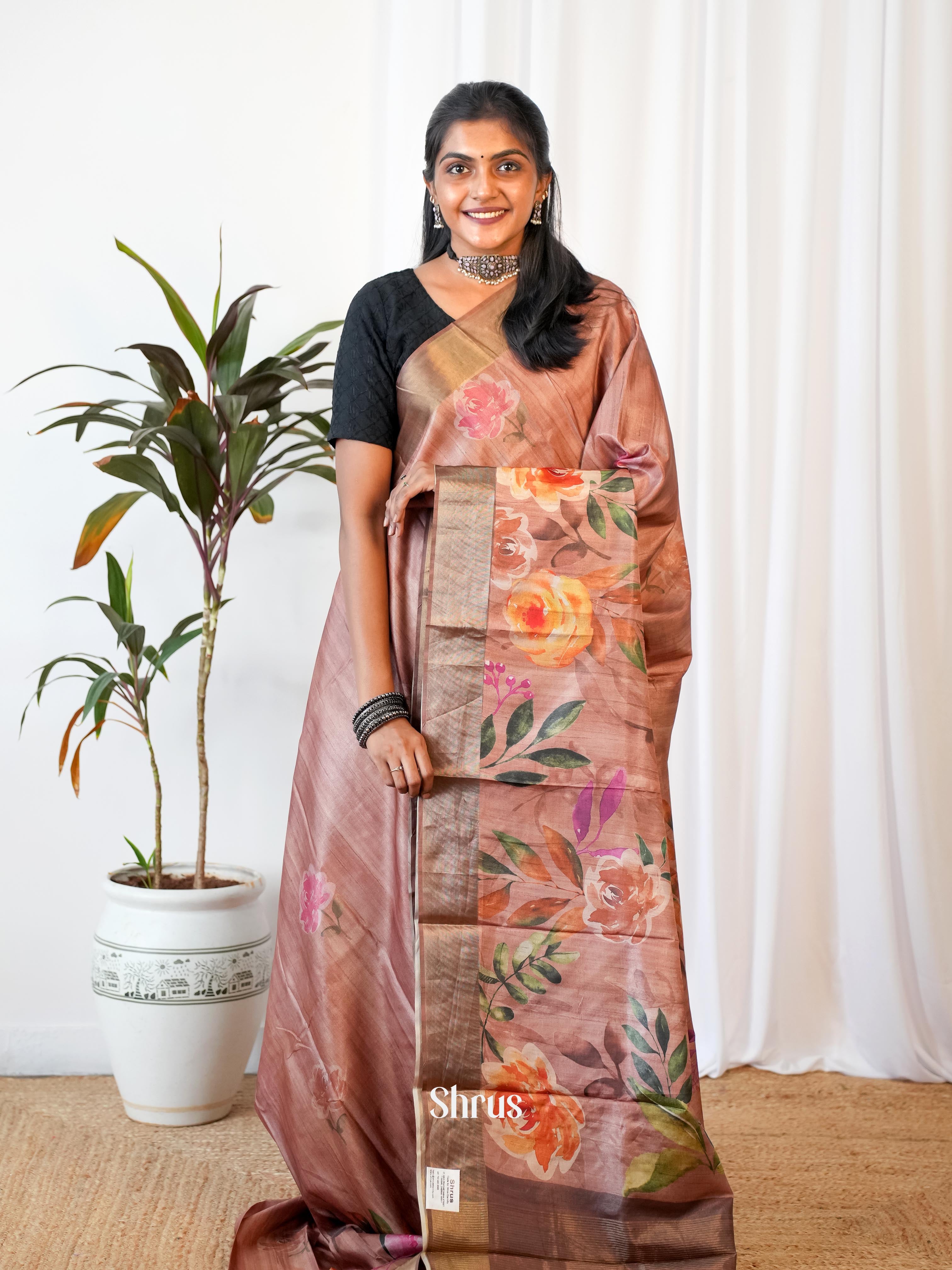 Brown - Printed Tussar Saree - Shop on Shrus.com