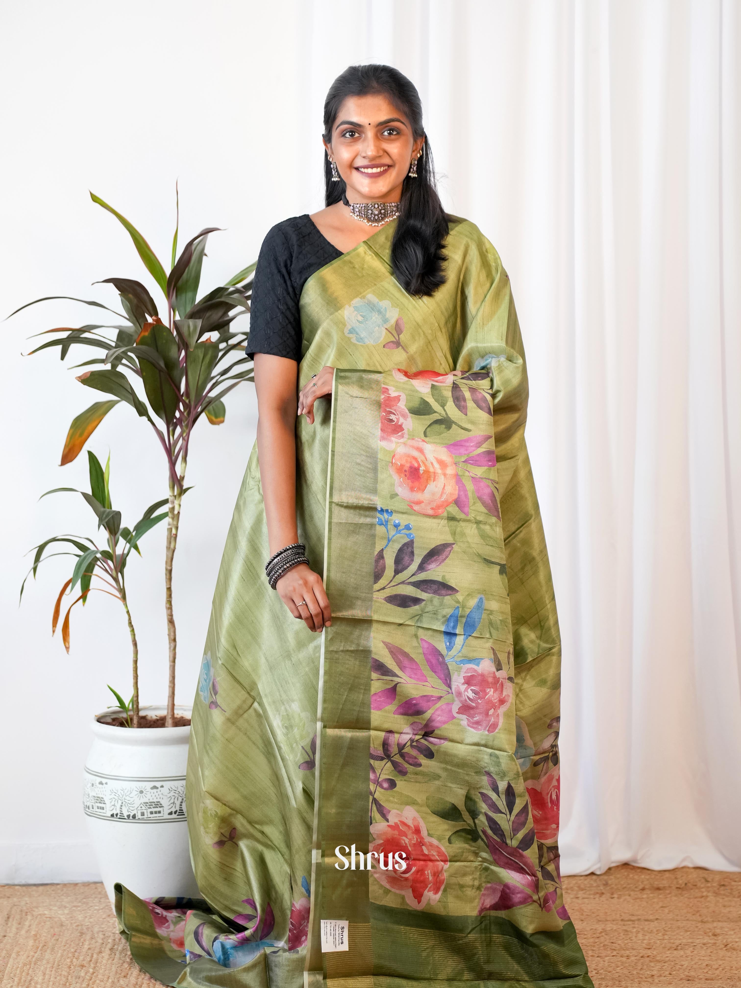 Green - Printed Tussar Saree - Shop on Shrus.com