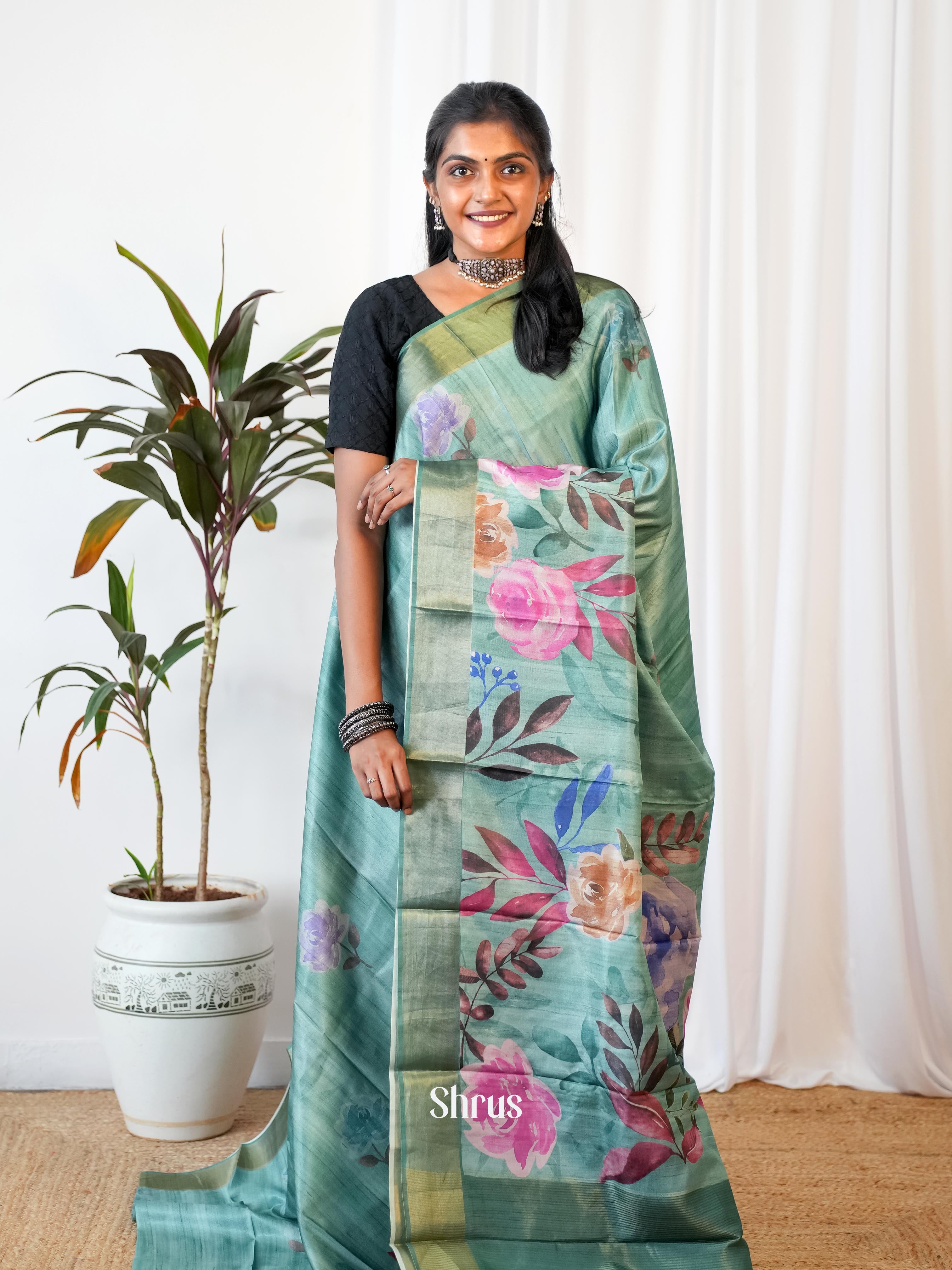 Blue - Printed Tussar Saree - Shop on Shrus.com