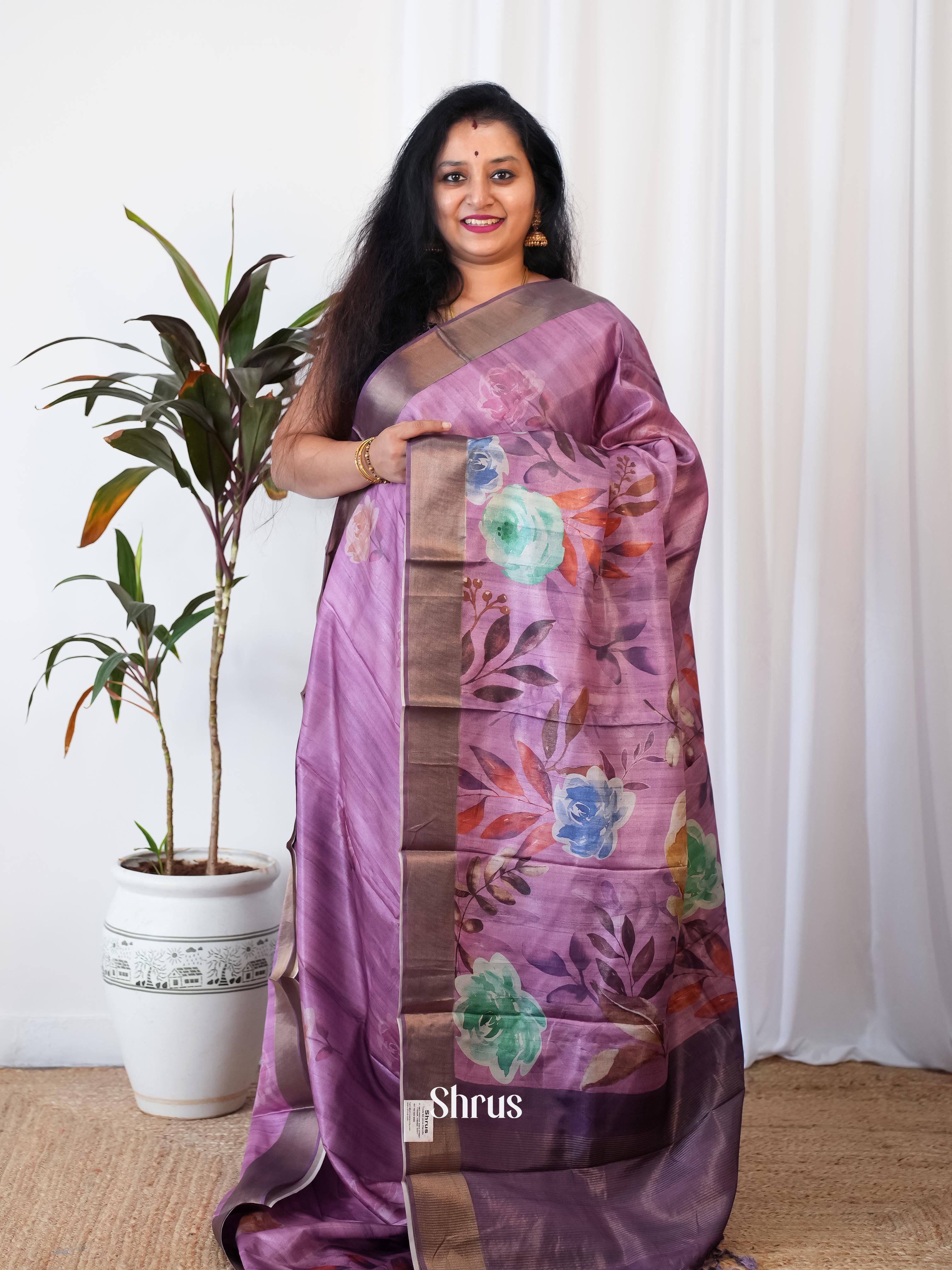 Purple - Printed Tussar Saree - Shop on Shrus.com