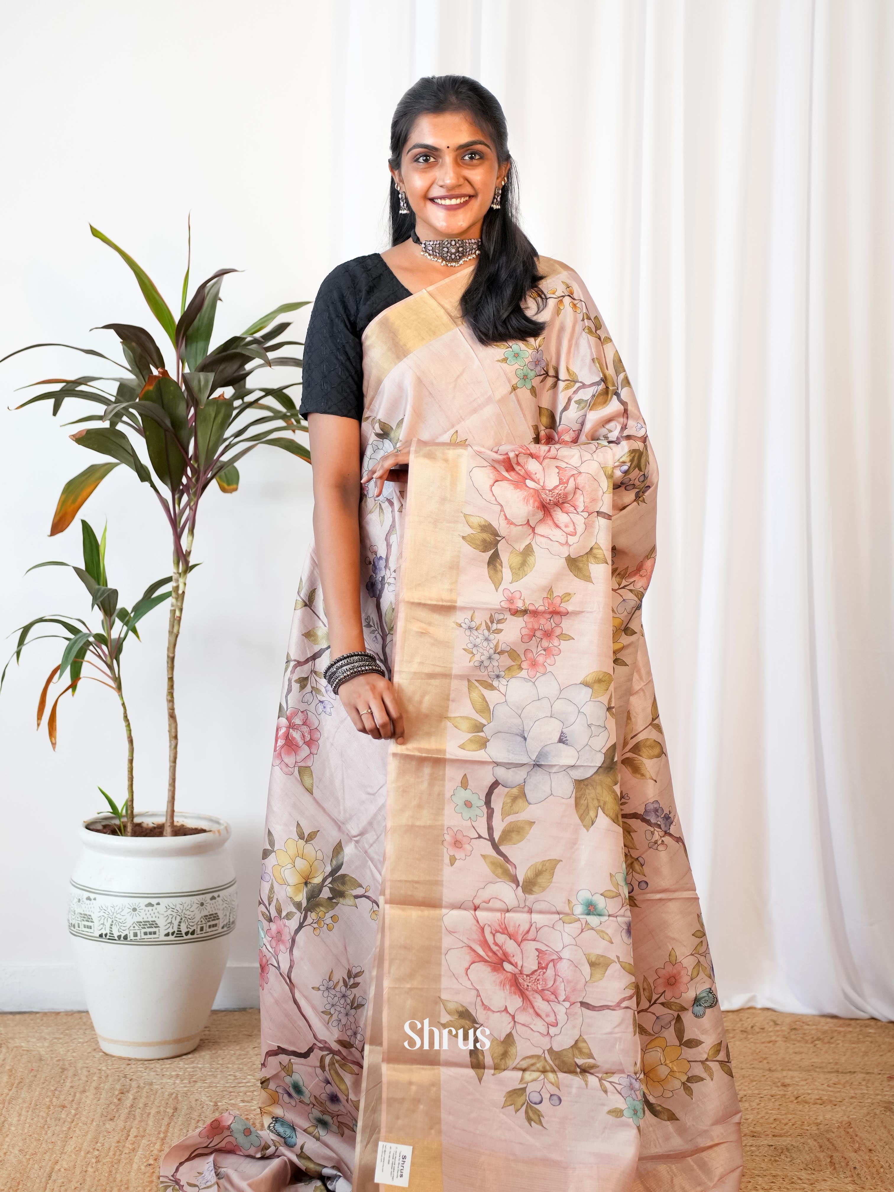 Mild Pink - Printed Tussar Saree - Shop on Shrus.com