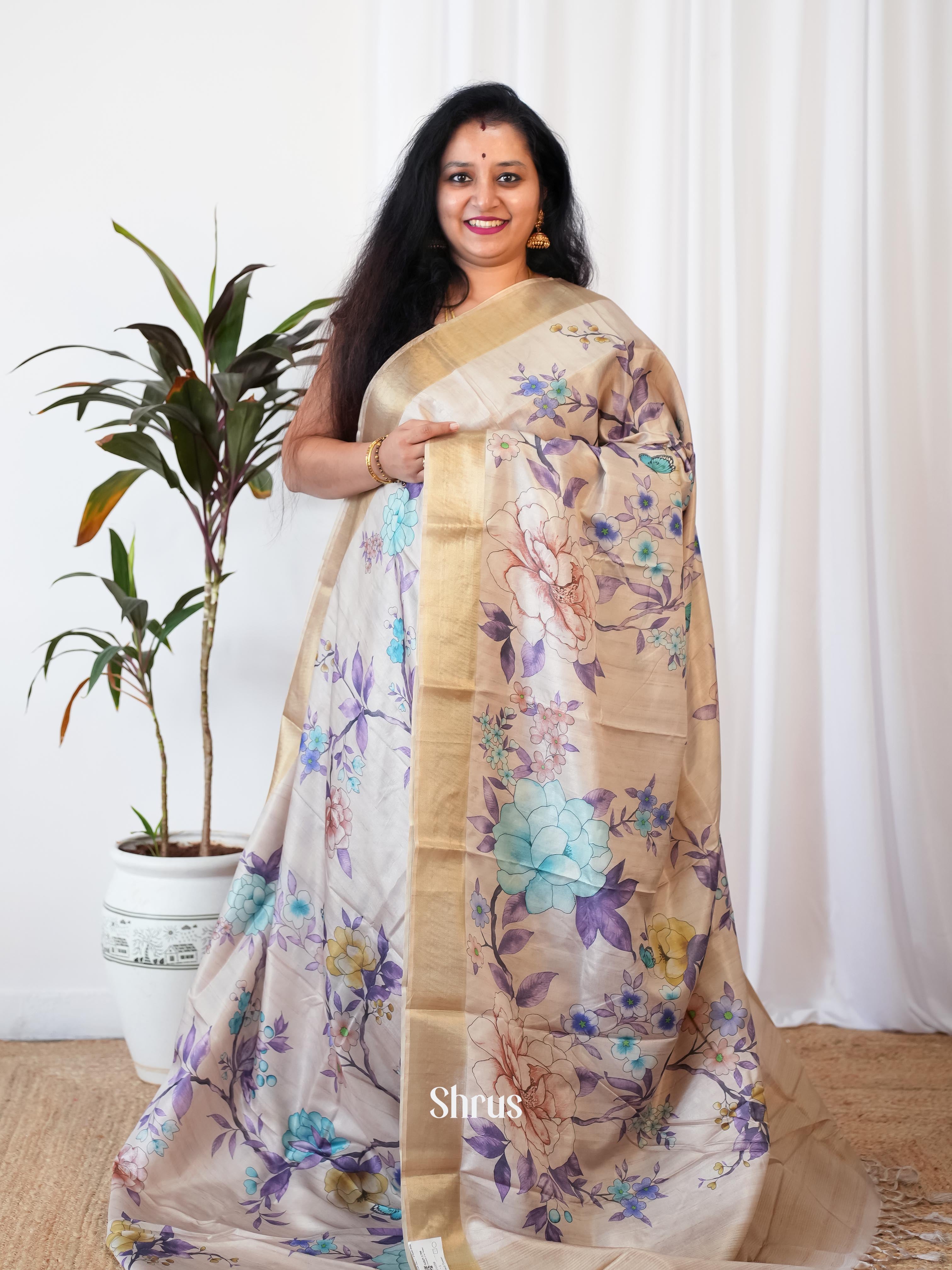 Cream & Purple - Printed Tussar Saree - Shop on Shrus.com