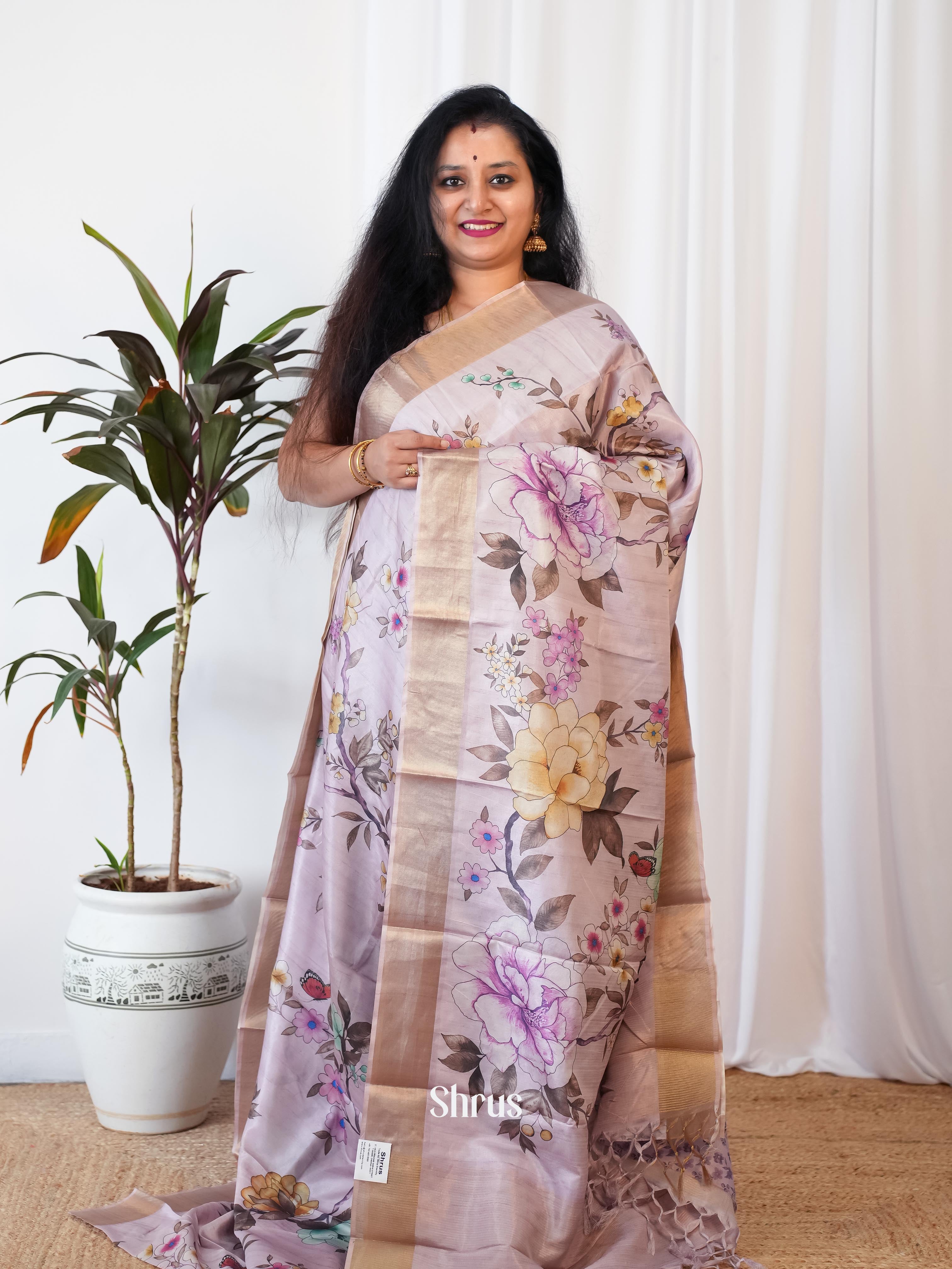 Purple - Printed Tussar Saree - Shop on Shrus.com