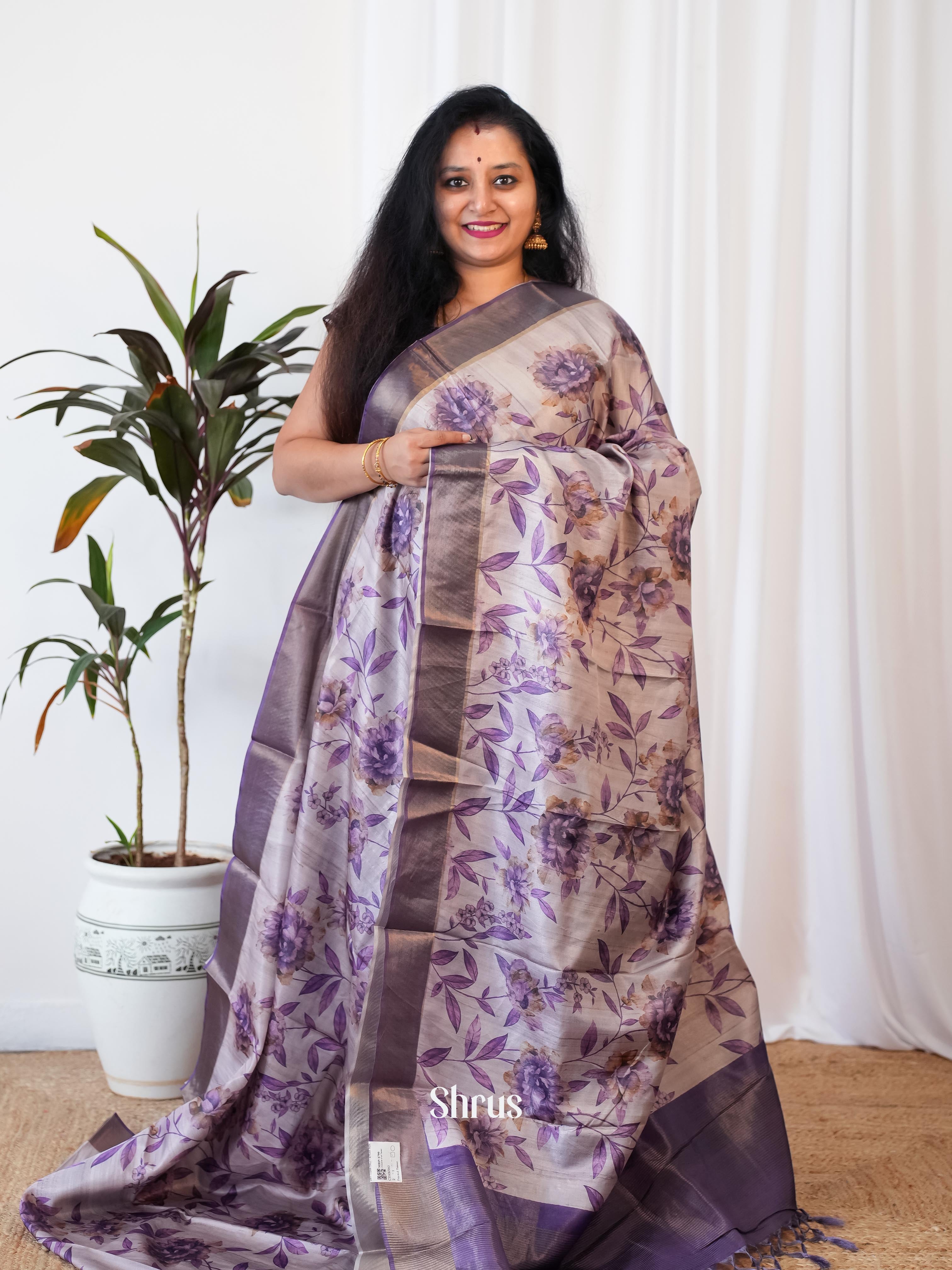 Grey & Purple- Printed Tussar Saree - Shop on Shrus.com