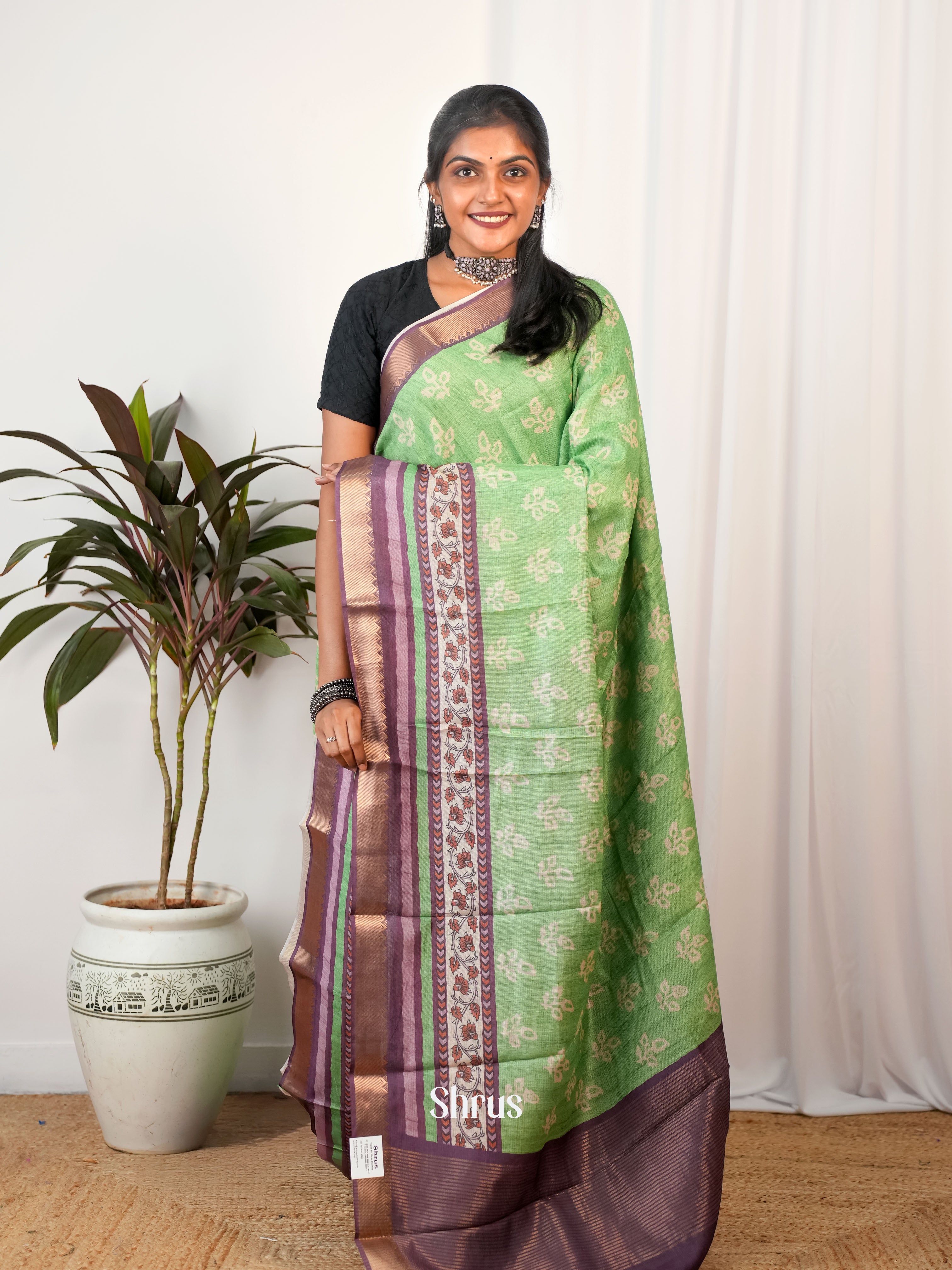 Green & Purple - Semi Chanderi Saree - Shop on Shrus.com