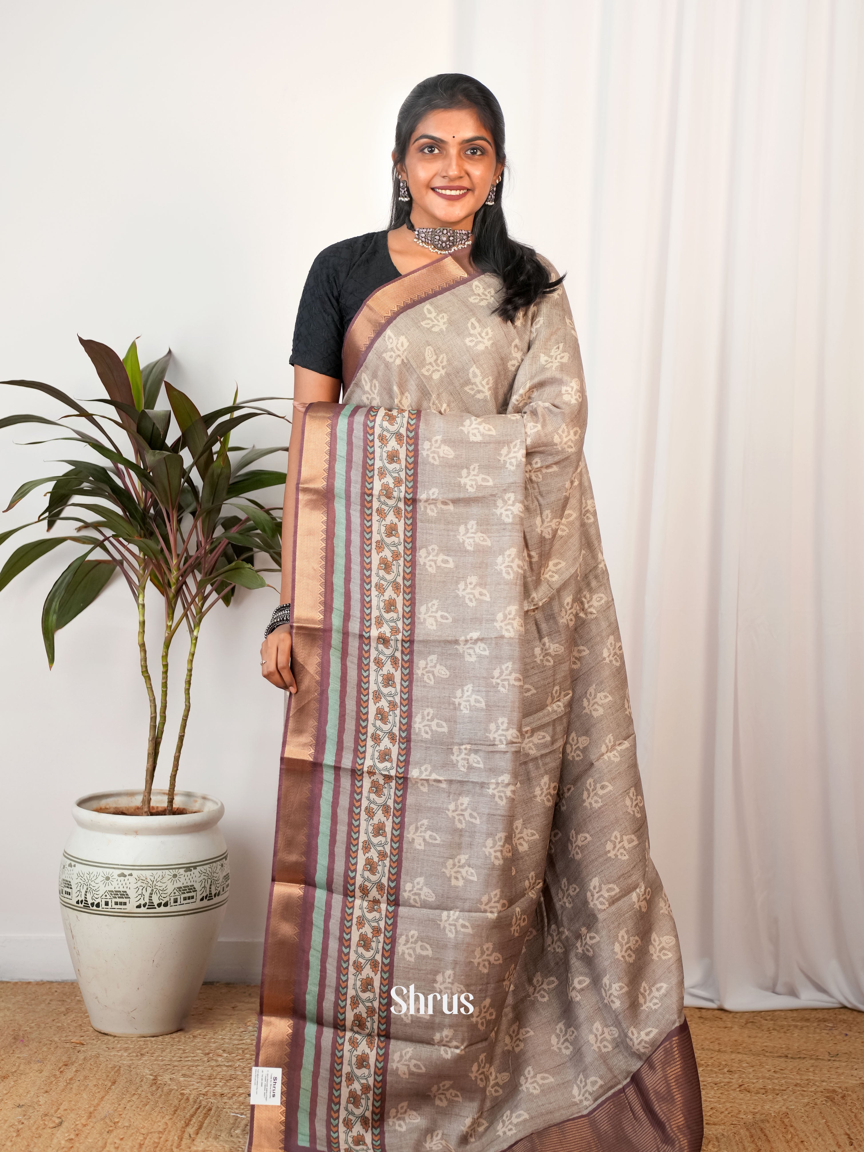 Grey & Brown- Semi Chanderi Saree - Shop on Shrus.com