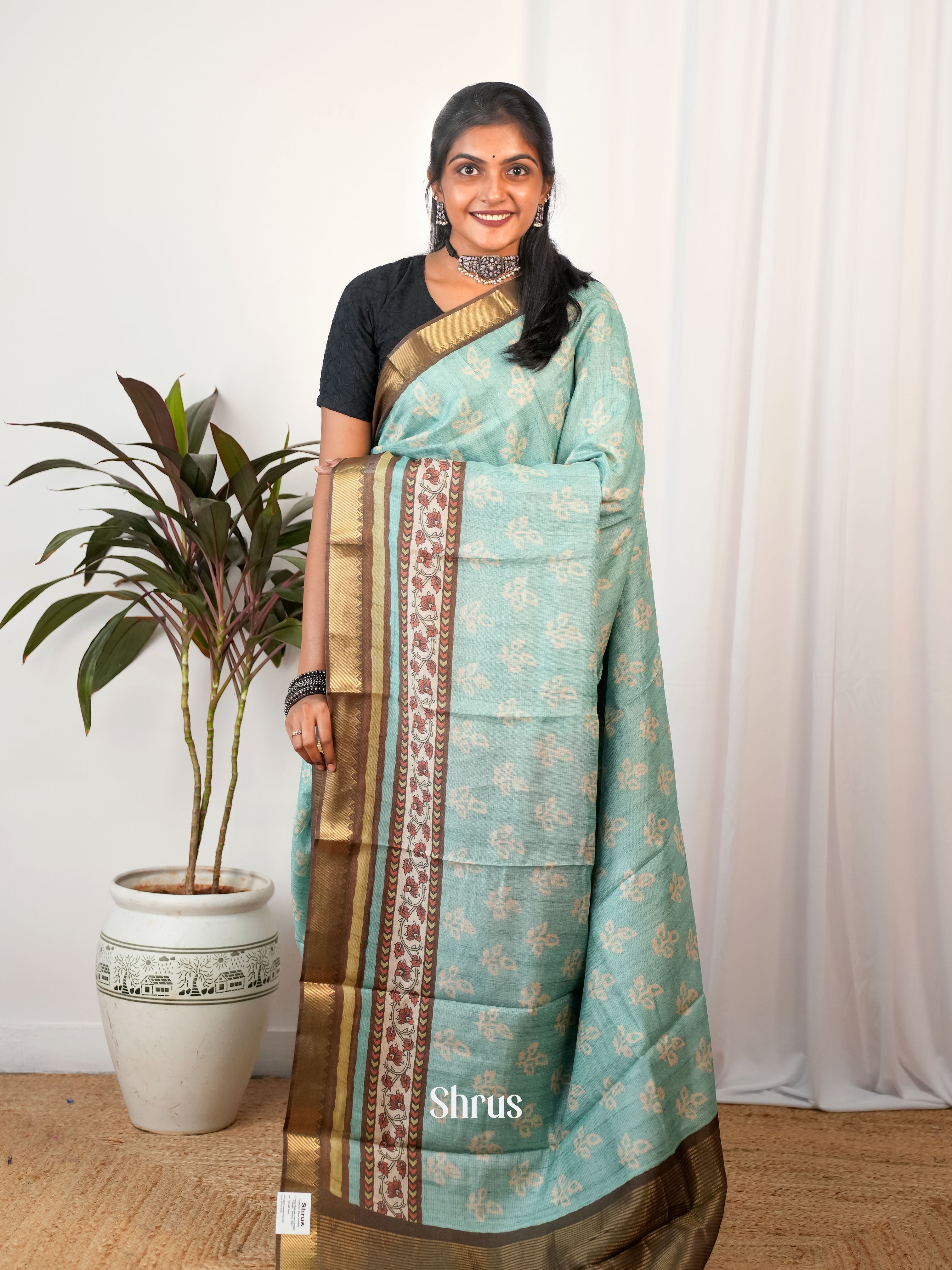 Teal & Brown - Semi Chanderi Saree - Shop on Shrus.com