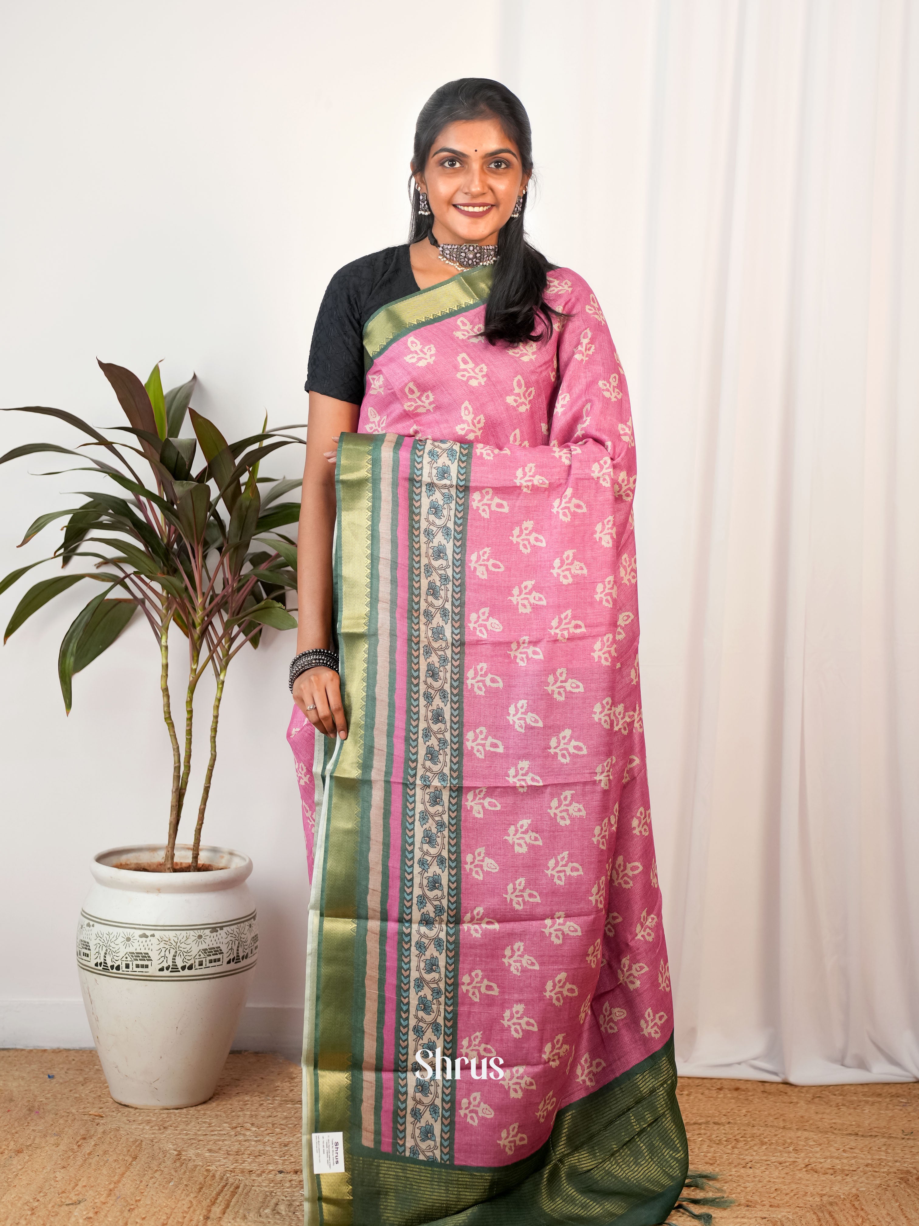 Pink & Green- Semi Chanderi Saree - Shop on Shrus.com