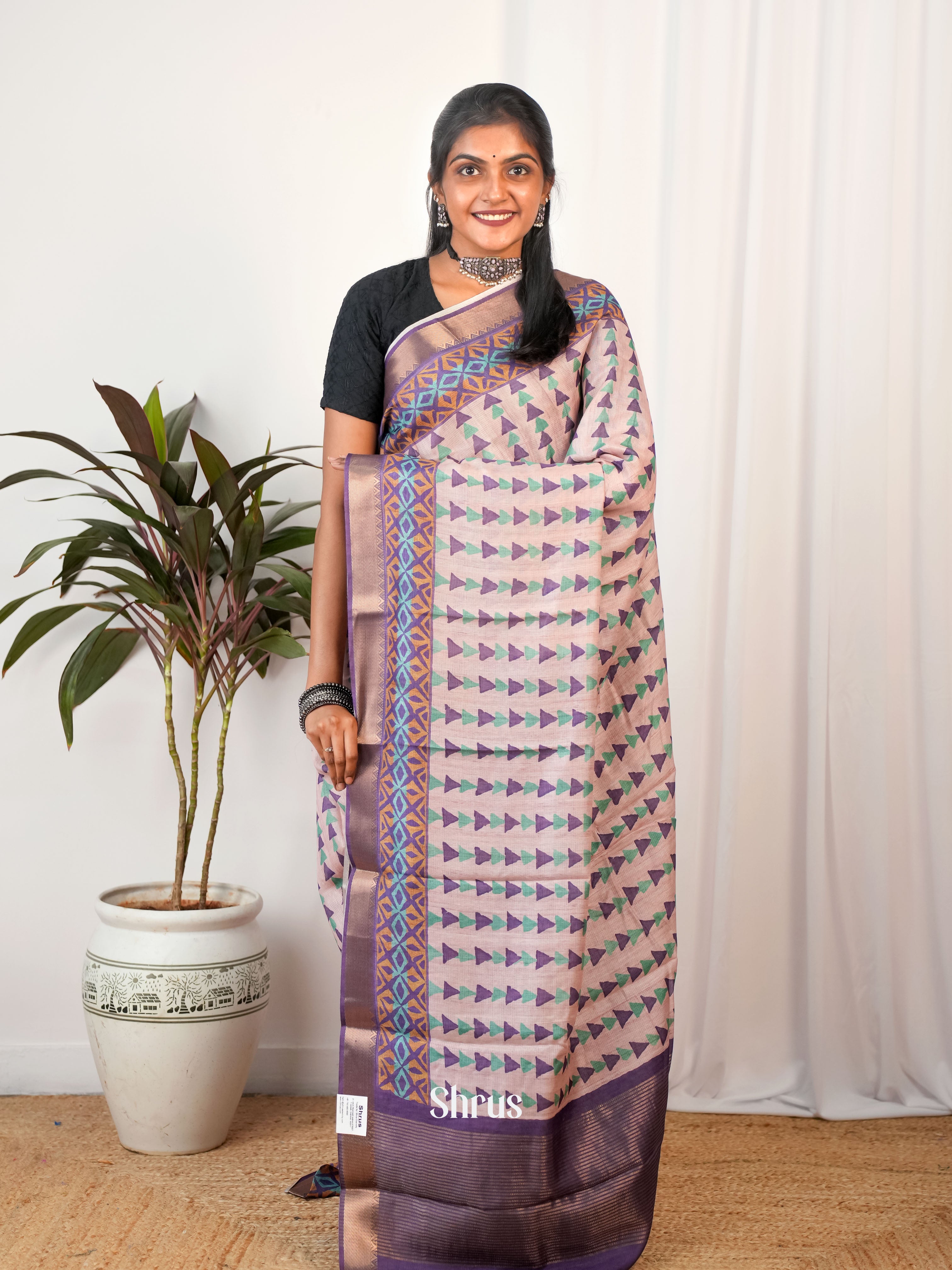 Pink & Purple- Semi Chanderi Saree - Shop on Shrus.com