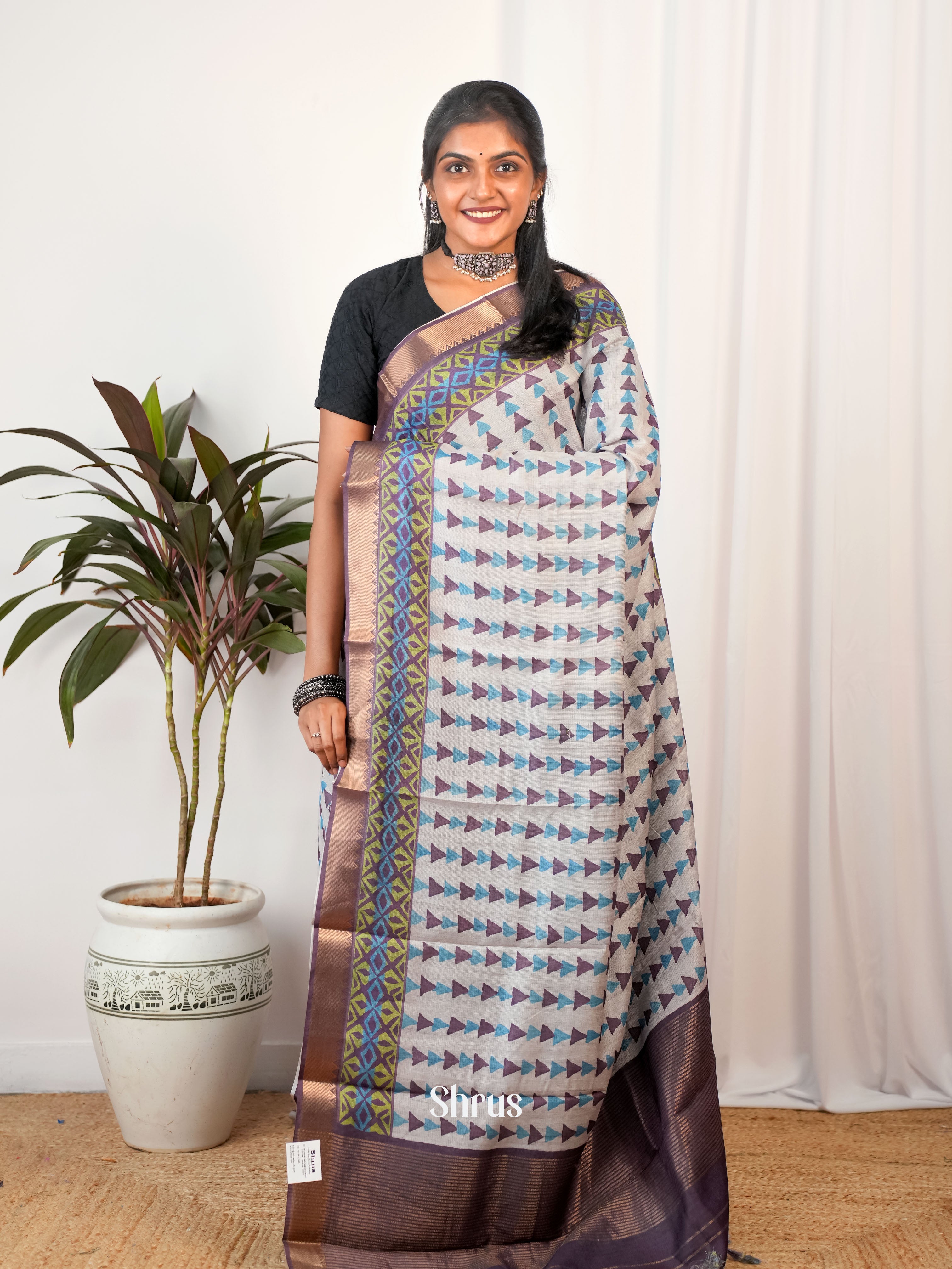 Cream & Purple - Semi Chanderi Saree - Shop on Shrus.com