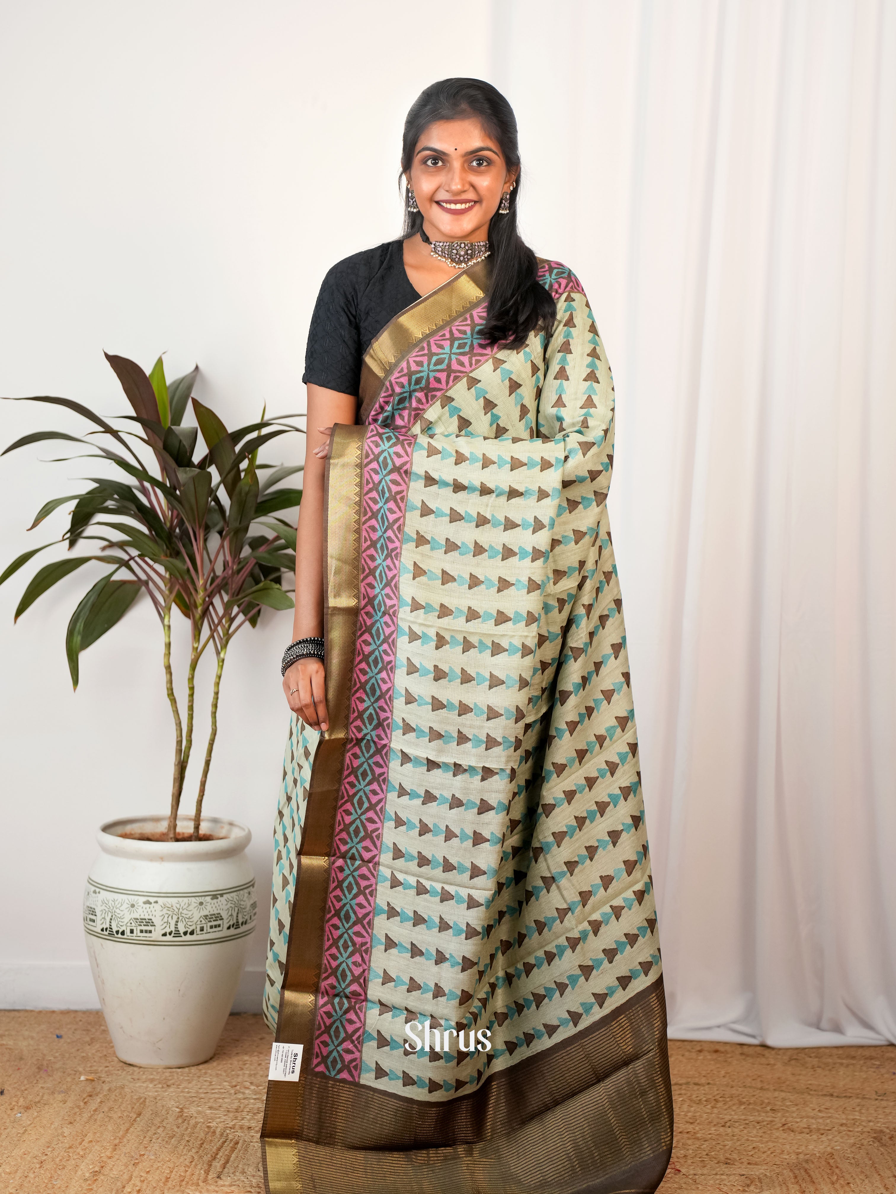 Green & Brown - Semi Chanderi Saree - Shop on Shrus.com
