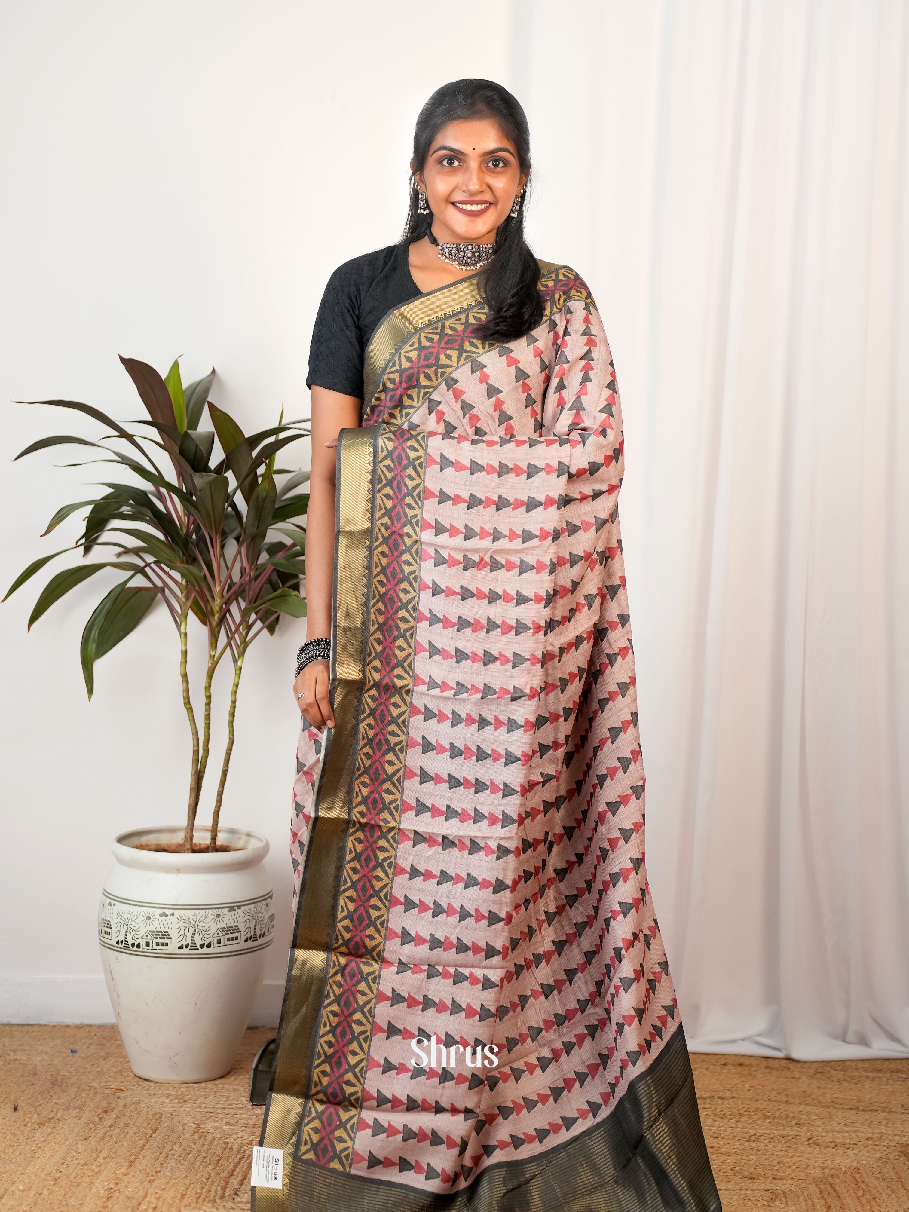 Pink & Black - Semi Chanderi Saree - Shop on Shrus.com